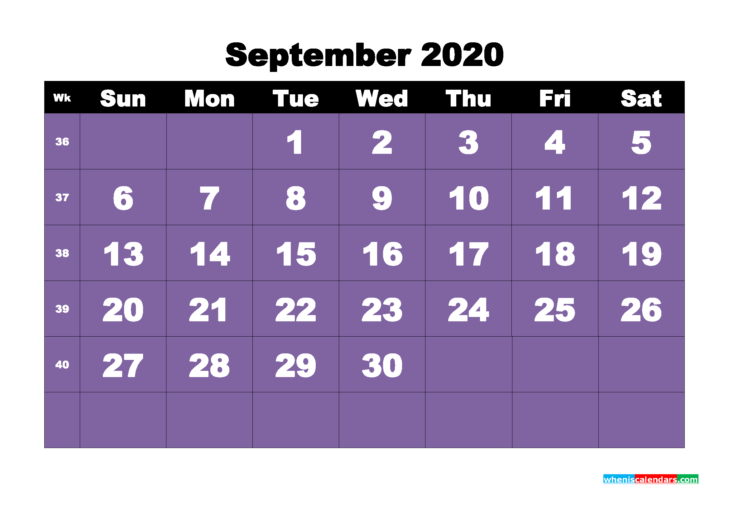 Blank Calendar for September 2020 Printable Word Format