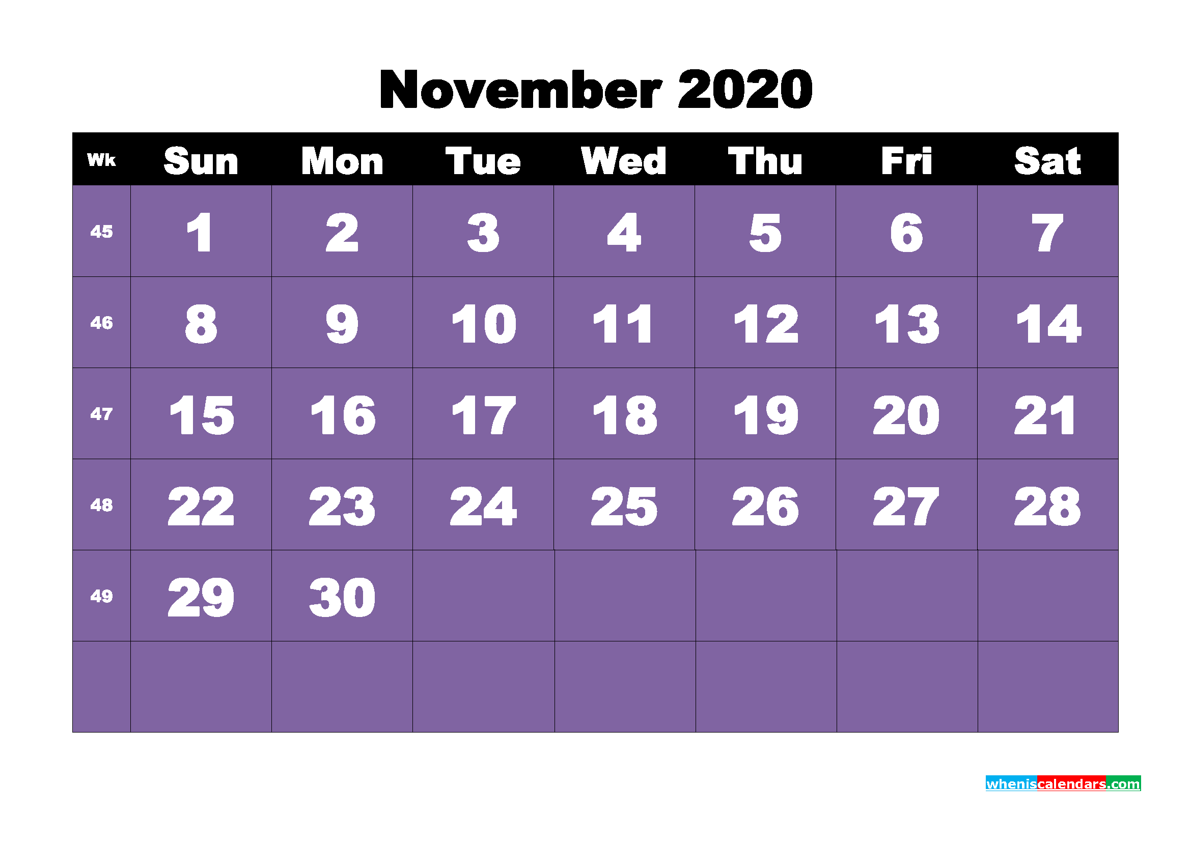 November 2020 Monthly Calendar Template Word