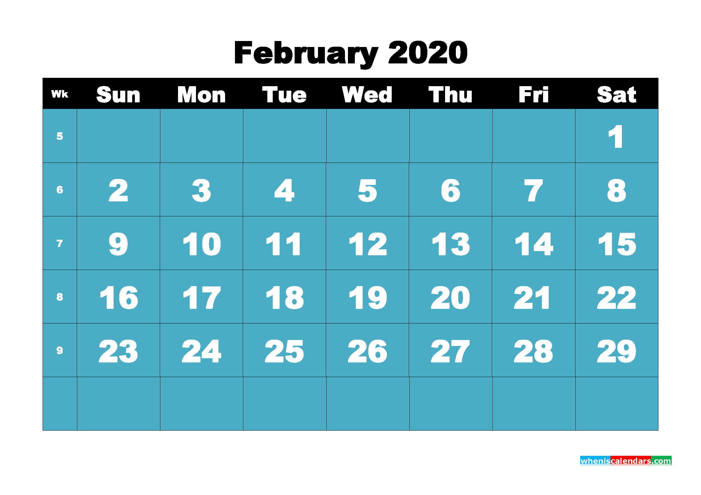 Monthly Printable Calendar 2020 February with Week Numbers