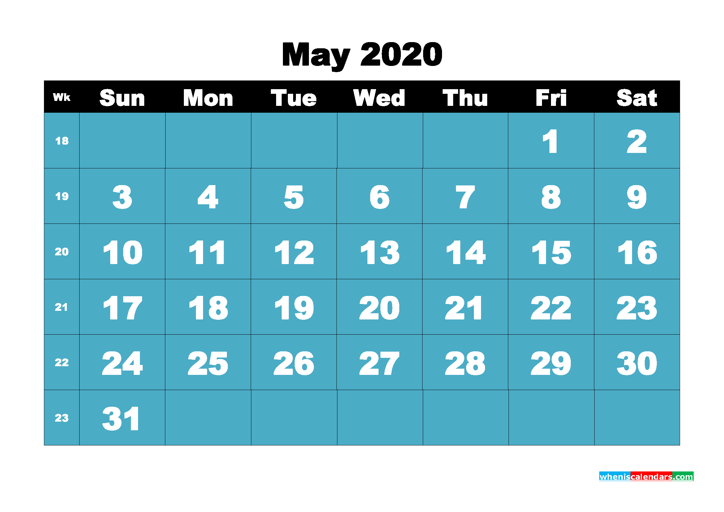 Monthly Printable Calendar 2020 May with Week Numbers