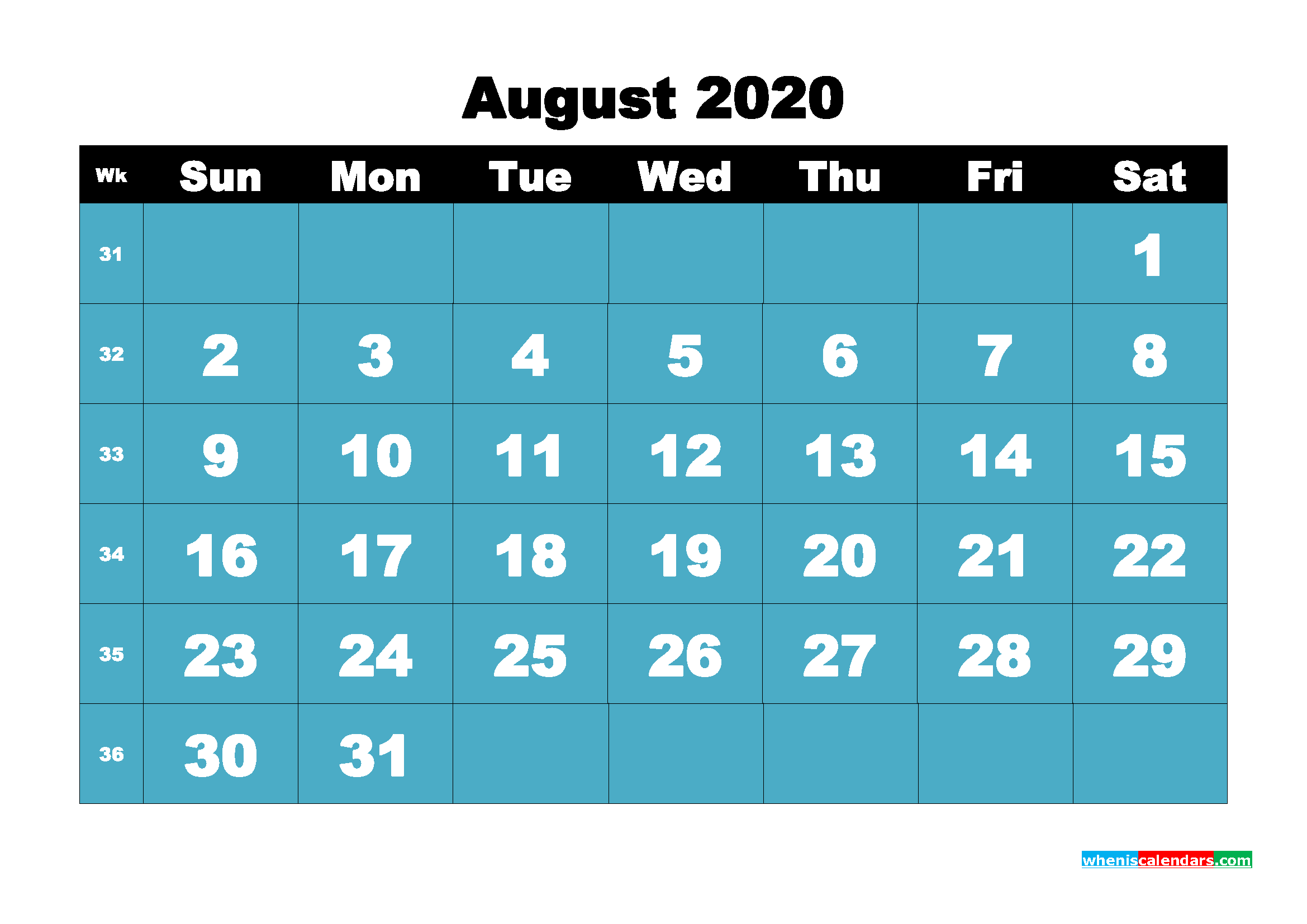 Monthly Printable Calendar 2020 August with Week Numbers