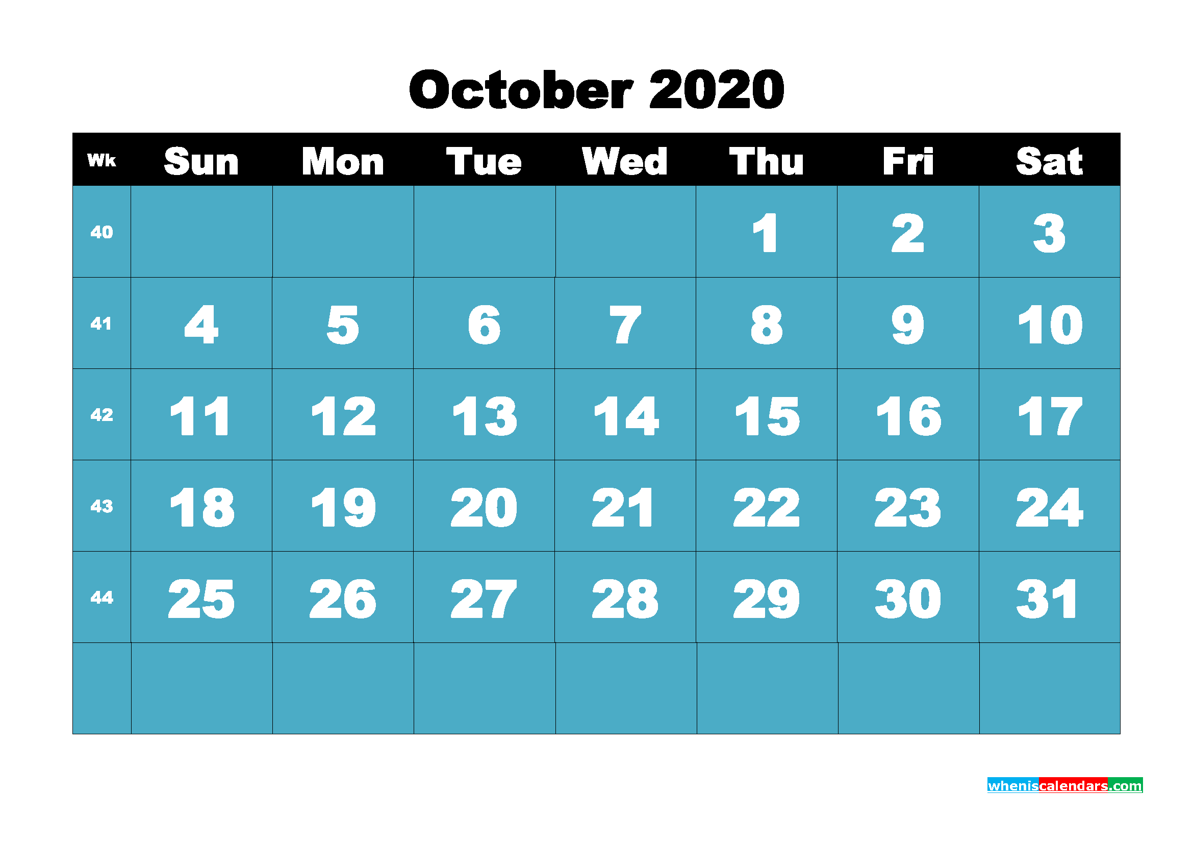 Monthly Printable Calendar 2020 October with Week Numbers