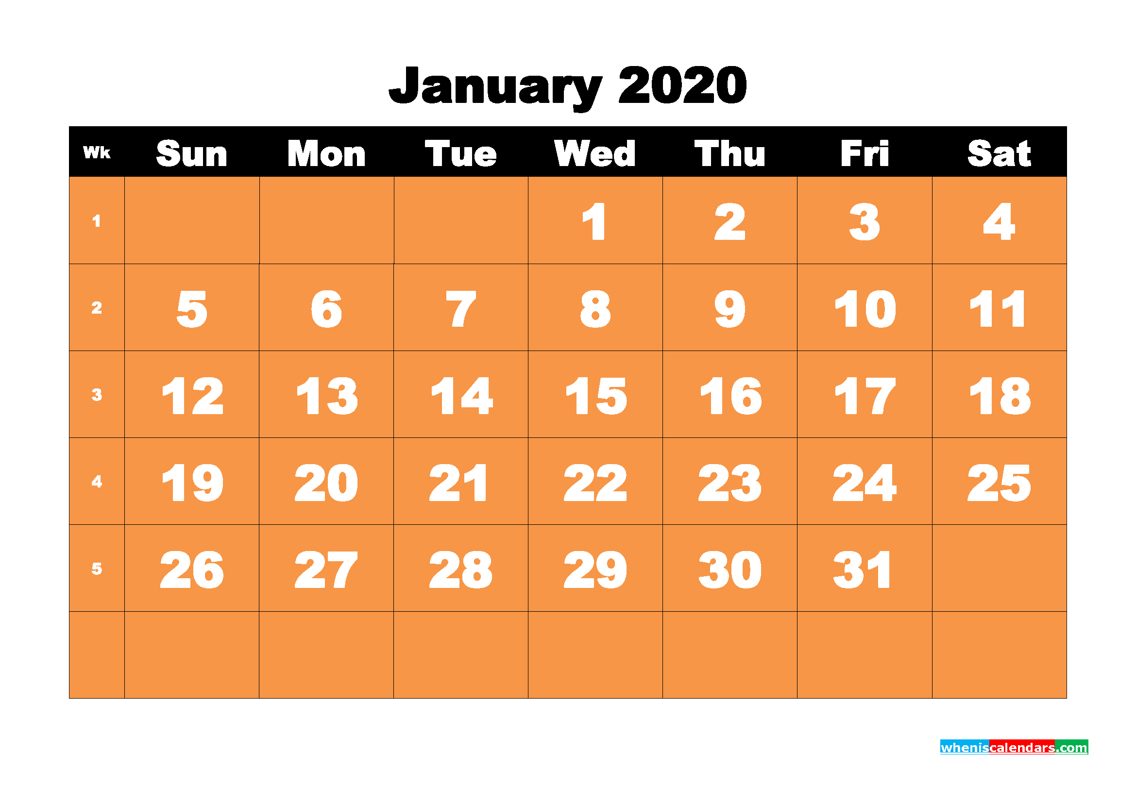 Printable 2020 Monthly Calendar with Week Numbers January