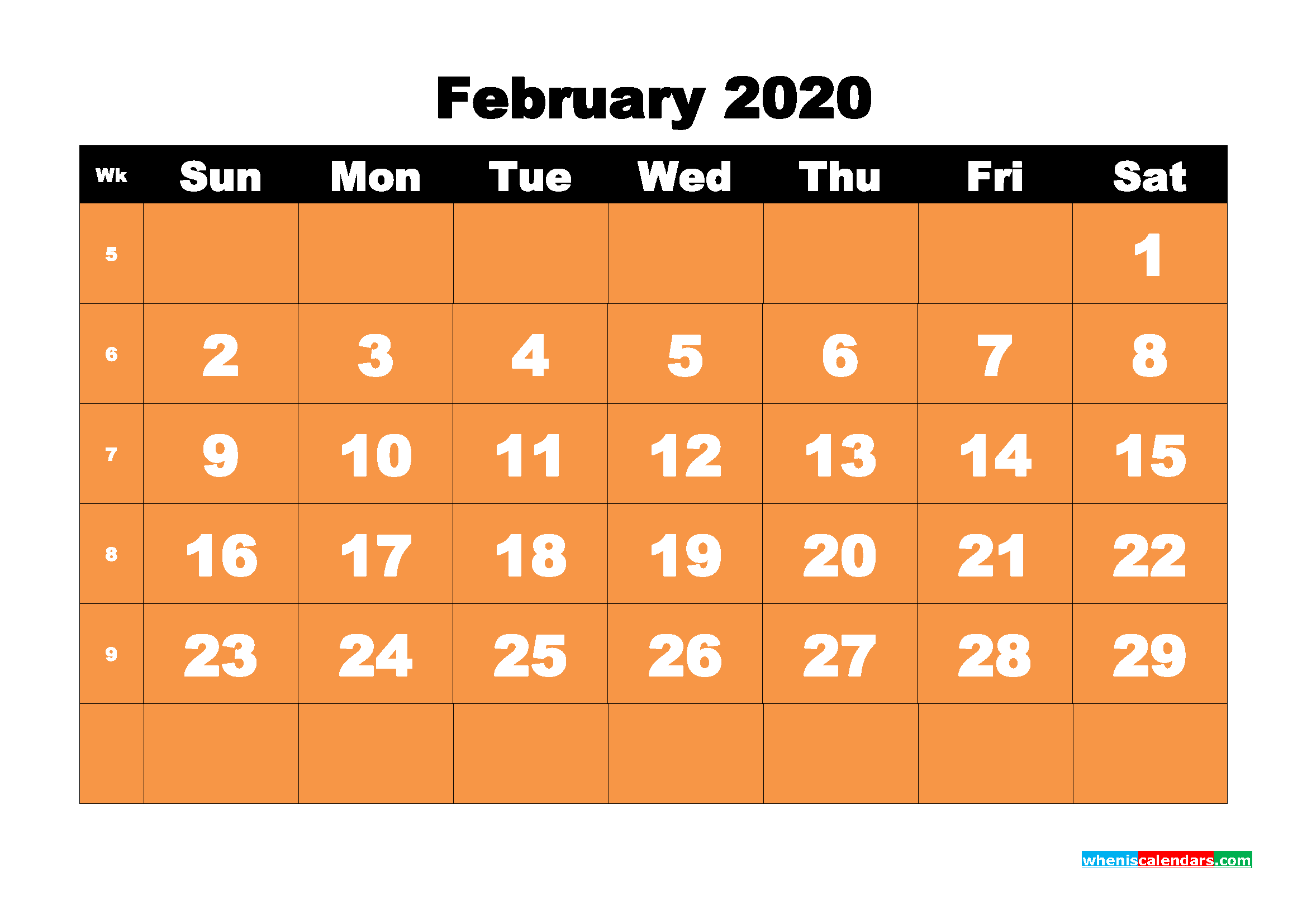 Printable 2020 Monthly Calendar with Week Numbers February