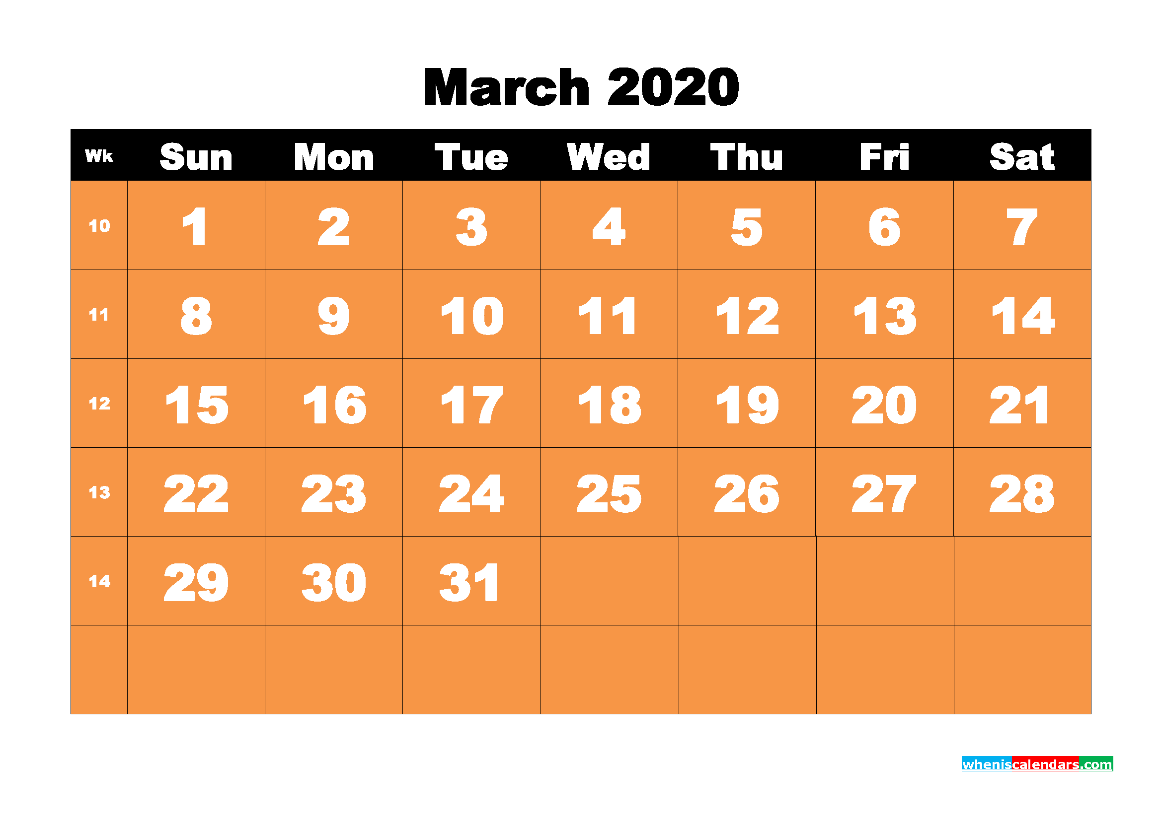 Printable 2020 Monthly Calendar with Week Numbers March