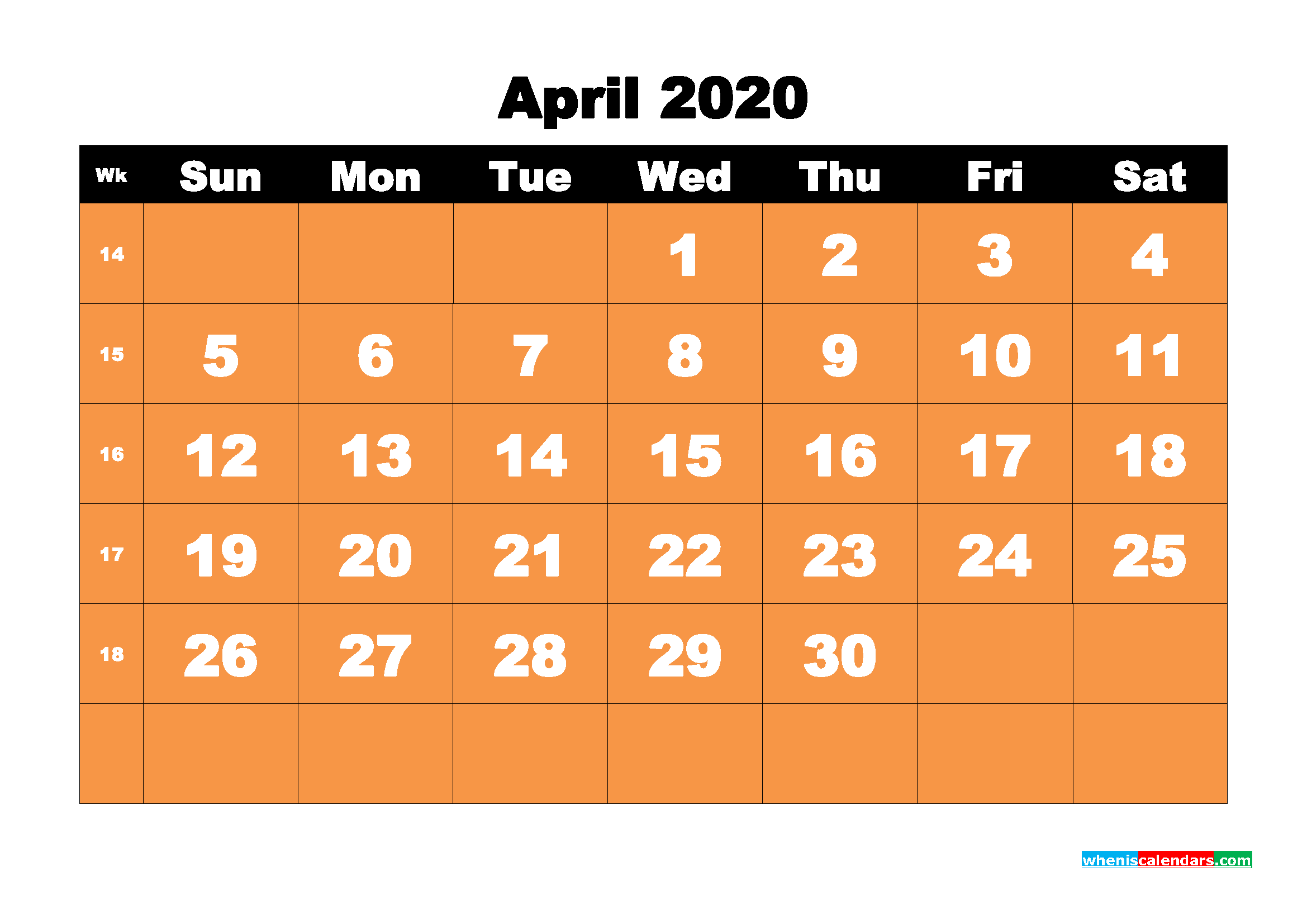 Printable 2020 Monthly Calendar with Week Numbers April