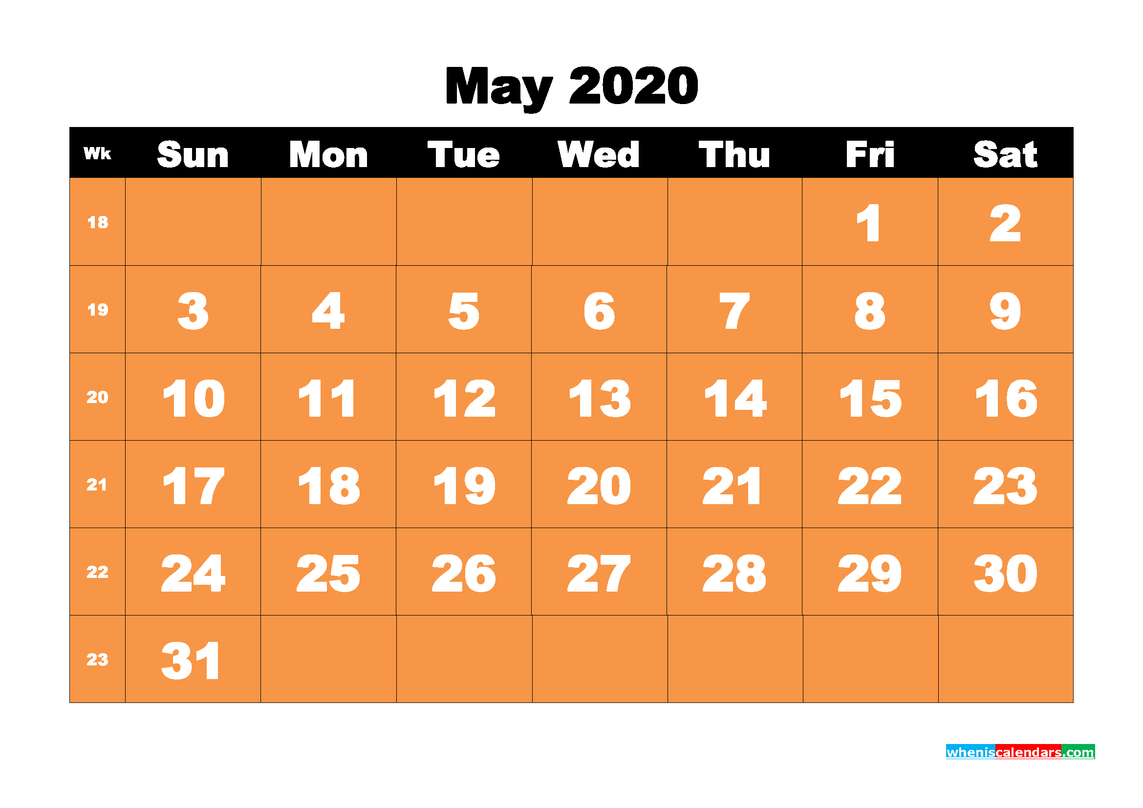 Blank 2020 May Calendar Printable Landscape Layout