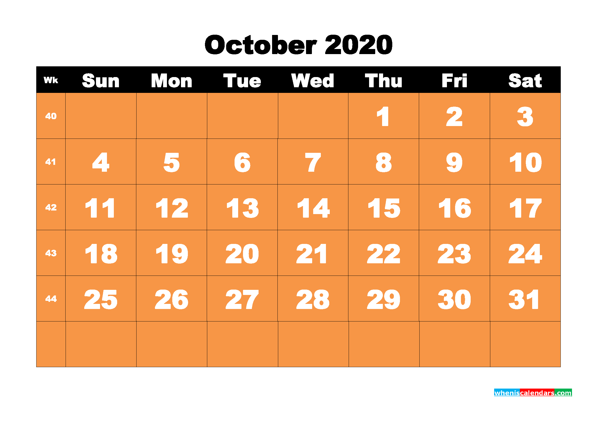 Printable 2020 Monthly Calendar with Week Numbers October