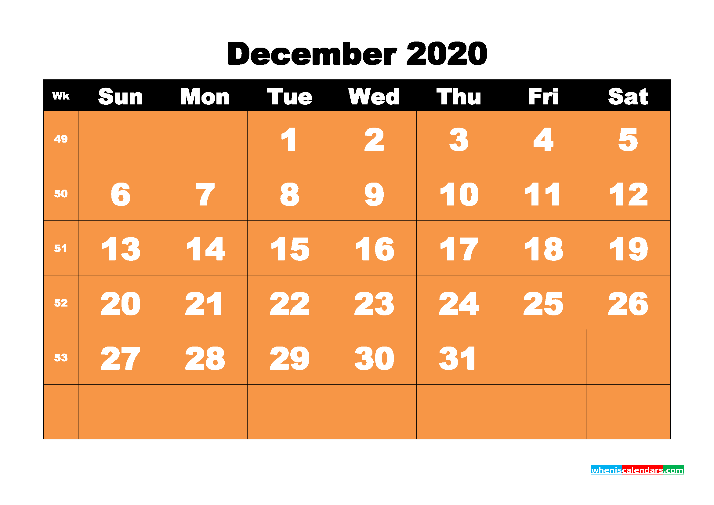Printable 2020 Monthly Calendar with Week Numbers December