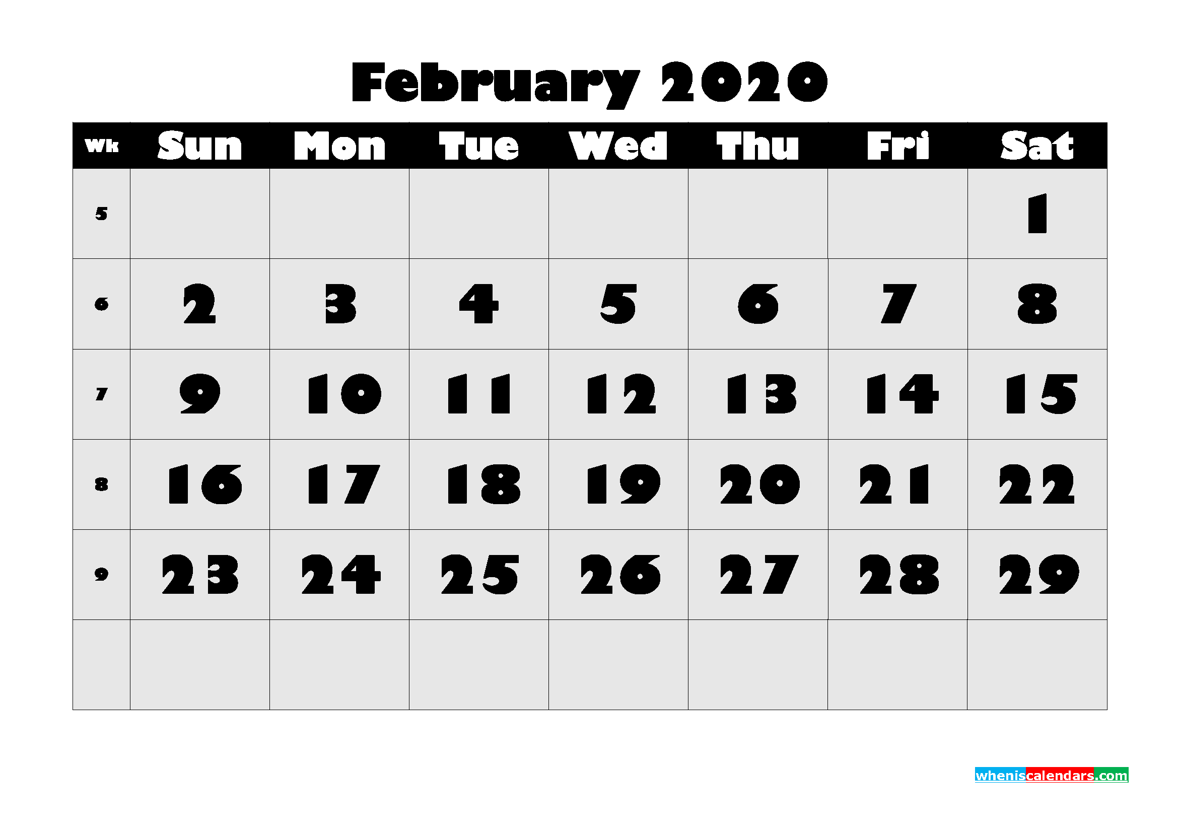 February 2020 Blank Calendar Printable Landscape Layout