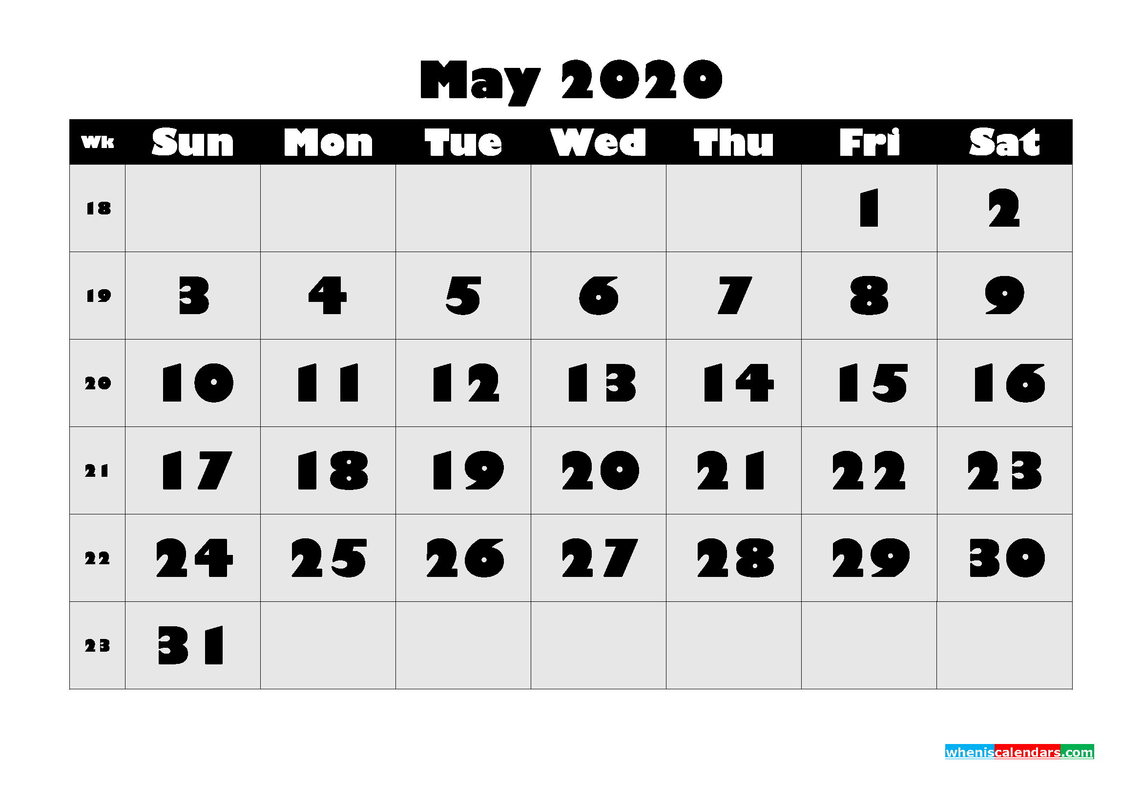 Printable Monthly Calendar 2020 May with Week Numbers