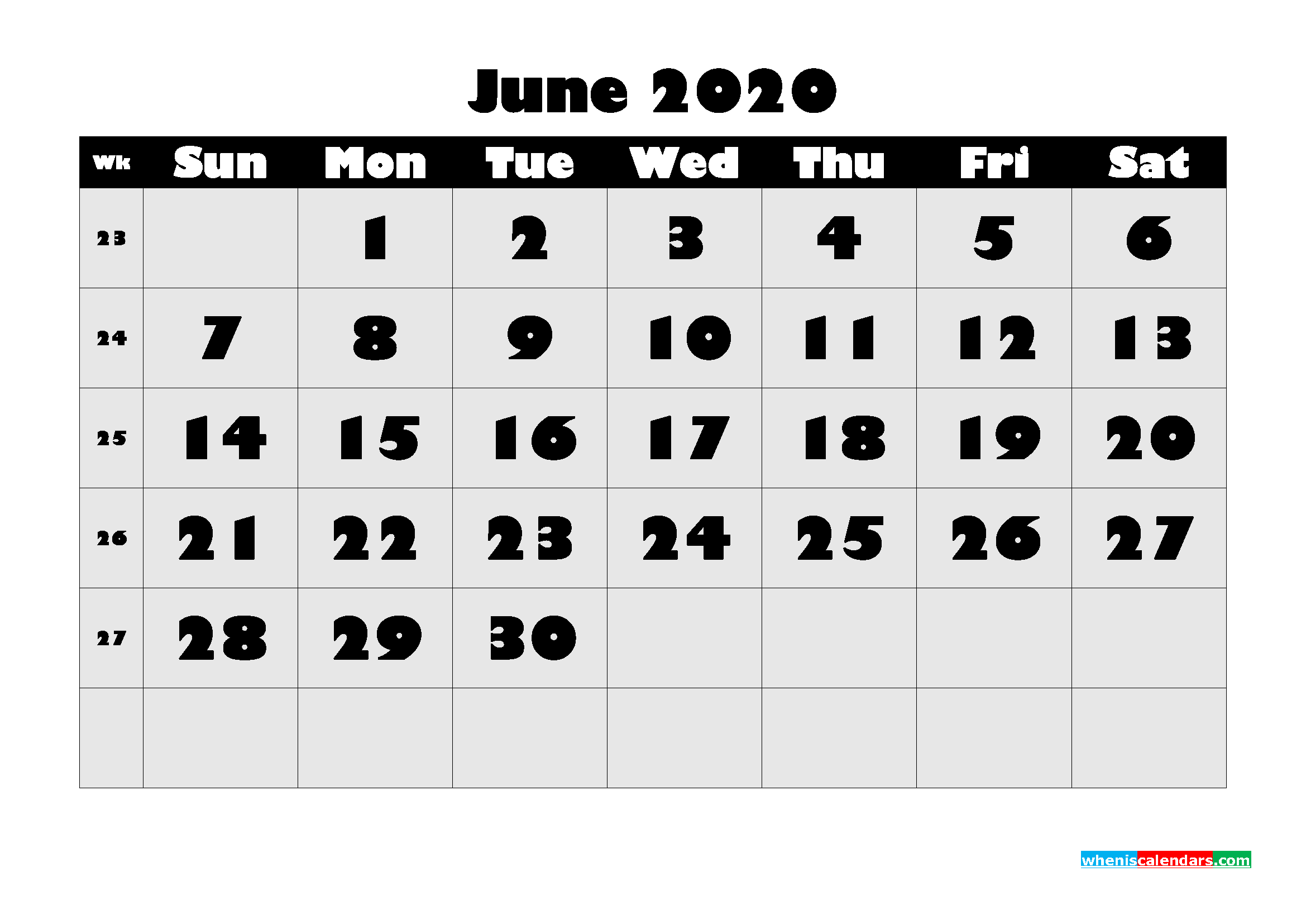 Printable Monthly Calendar 2020 June with Week Numbers