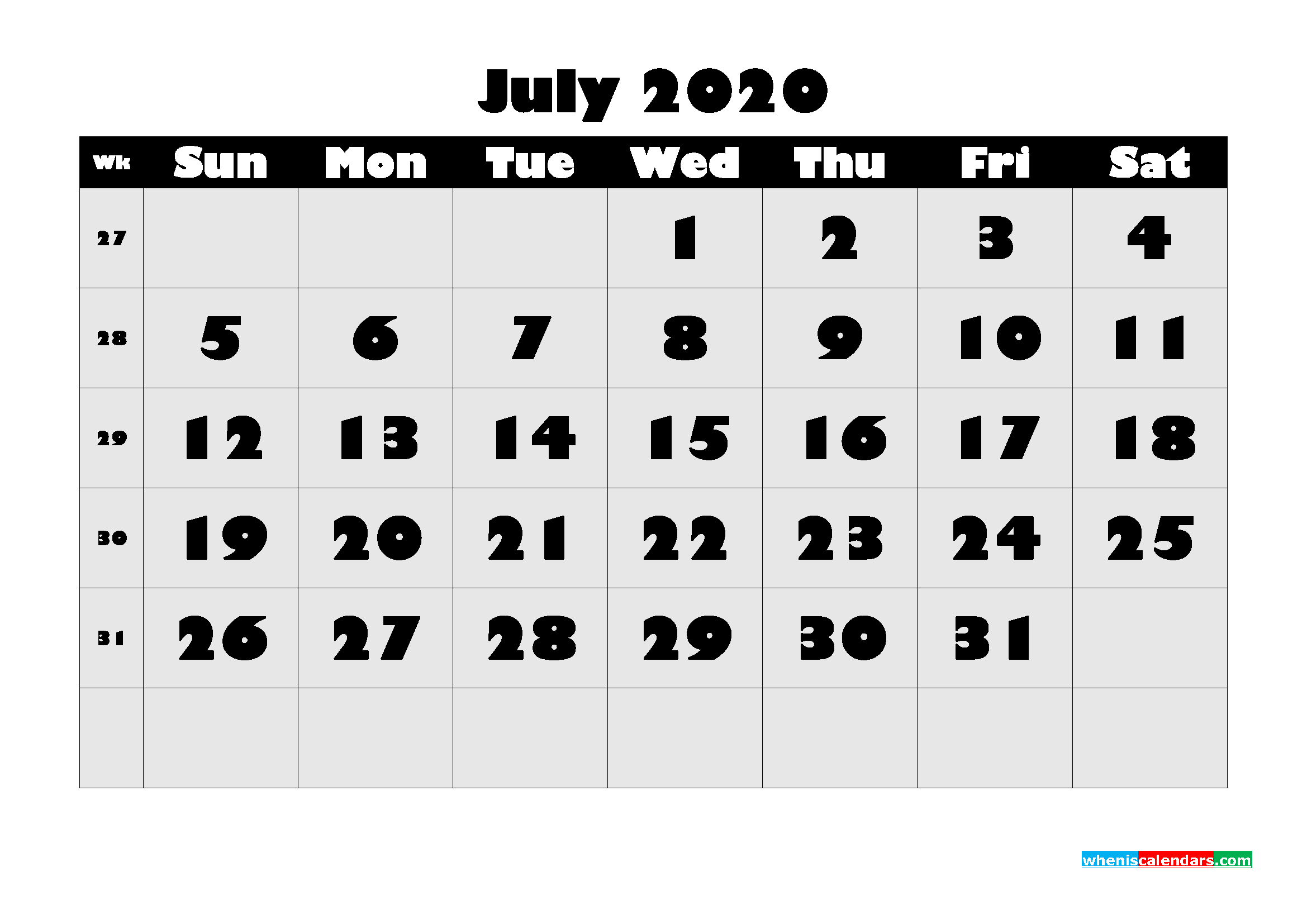 Printable Monthly Calendar 2020 July with Week Numbers