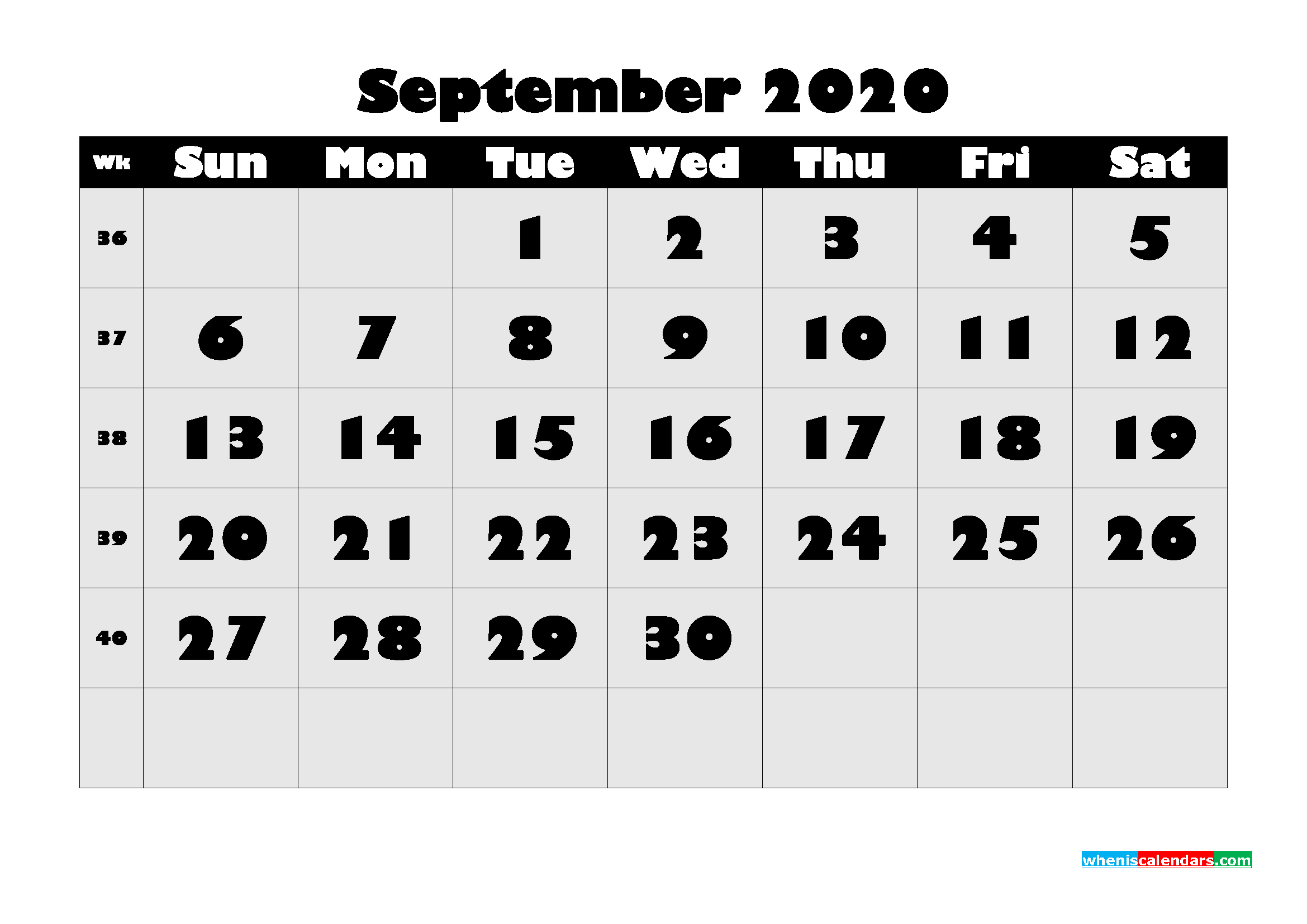 Printable Monthly Calendar 2020 September with Week Numbers