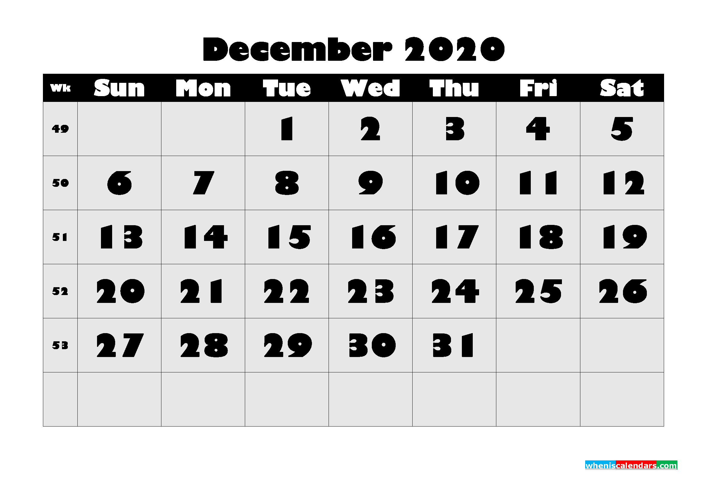 December 2020 Blank Calendar Printable Landscape Layout