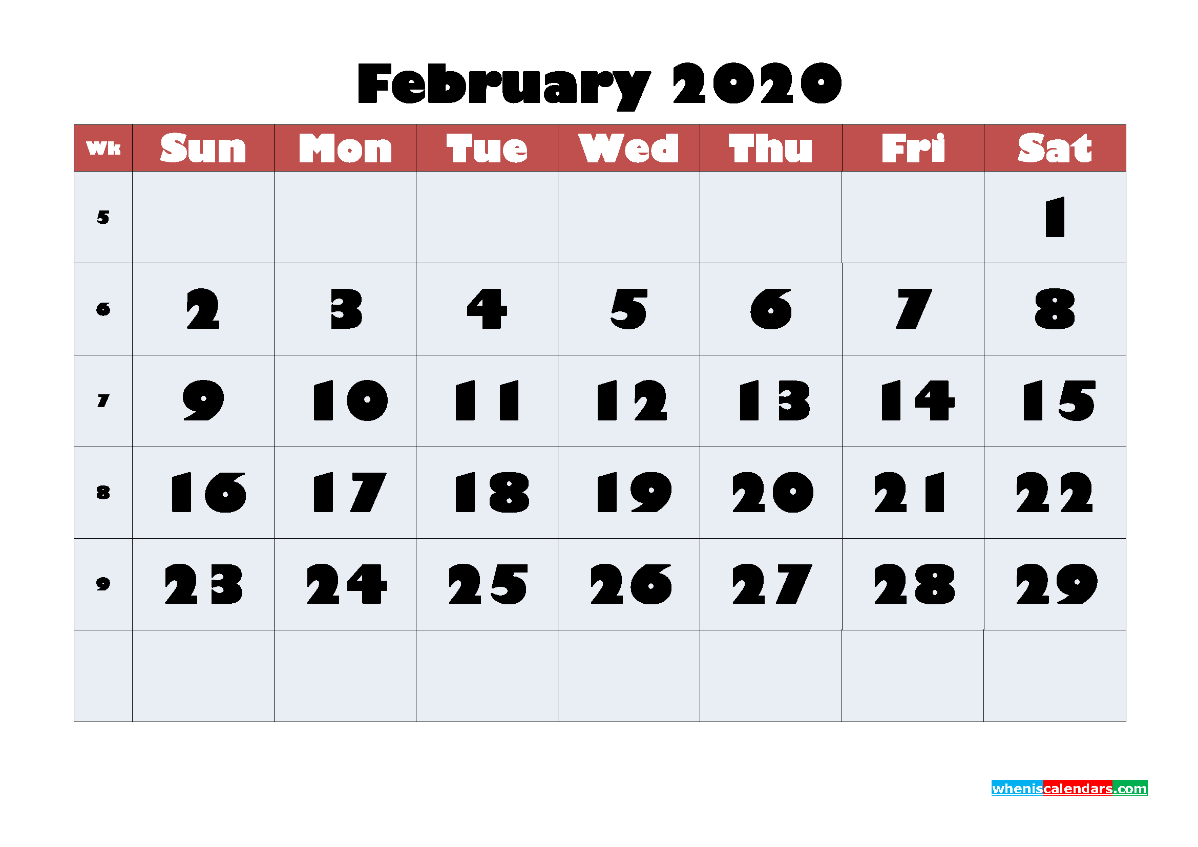 February 2020 Monthly Calendar Template Word