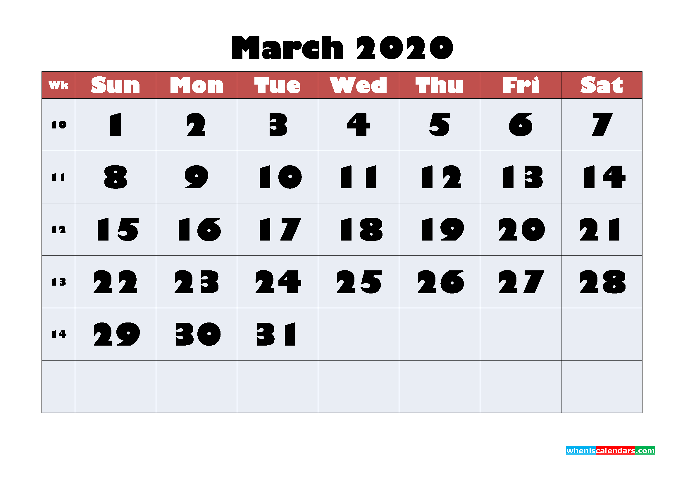 Blank Calendar for March 2020 Printable Word Format