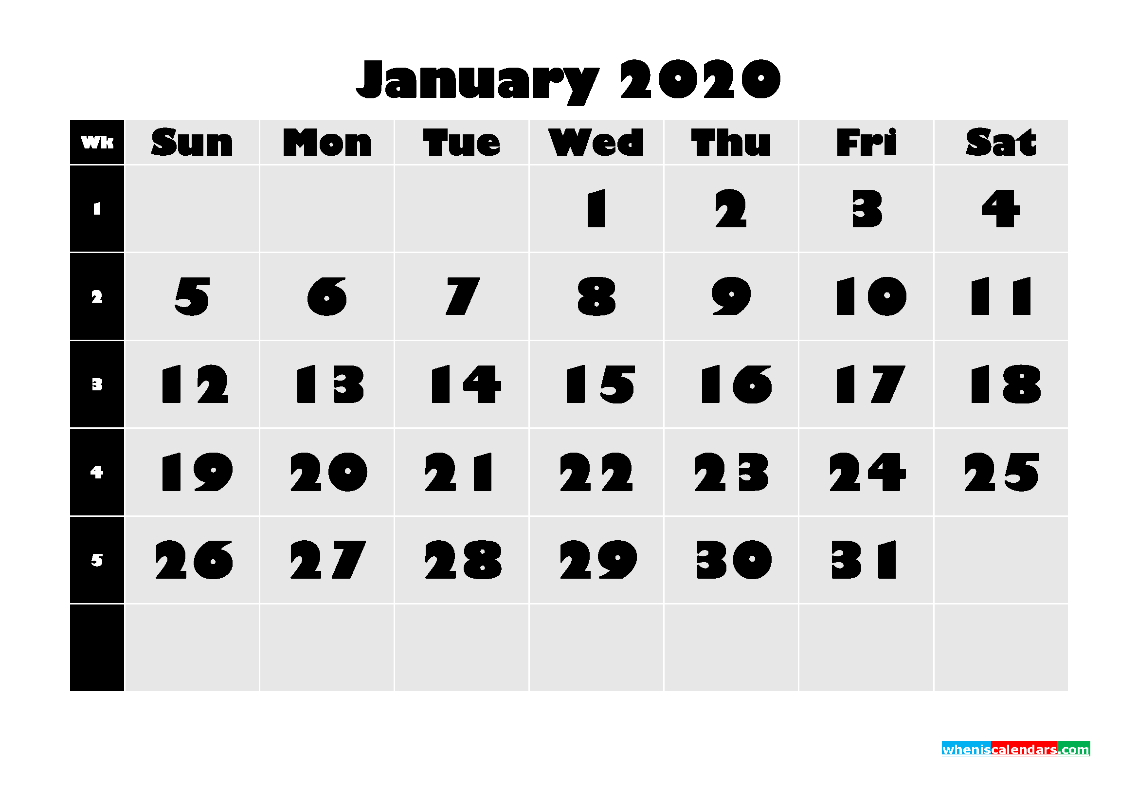 Monthly Printable Calendar 2020 January with Week Numbers