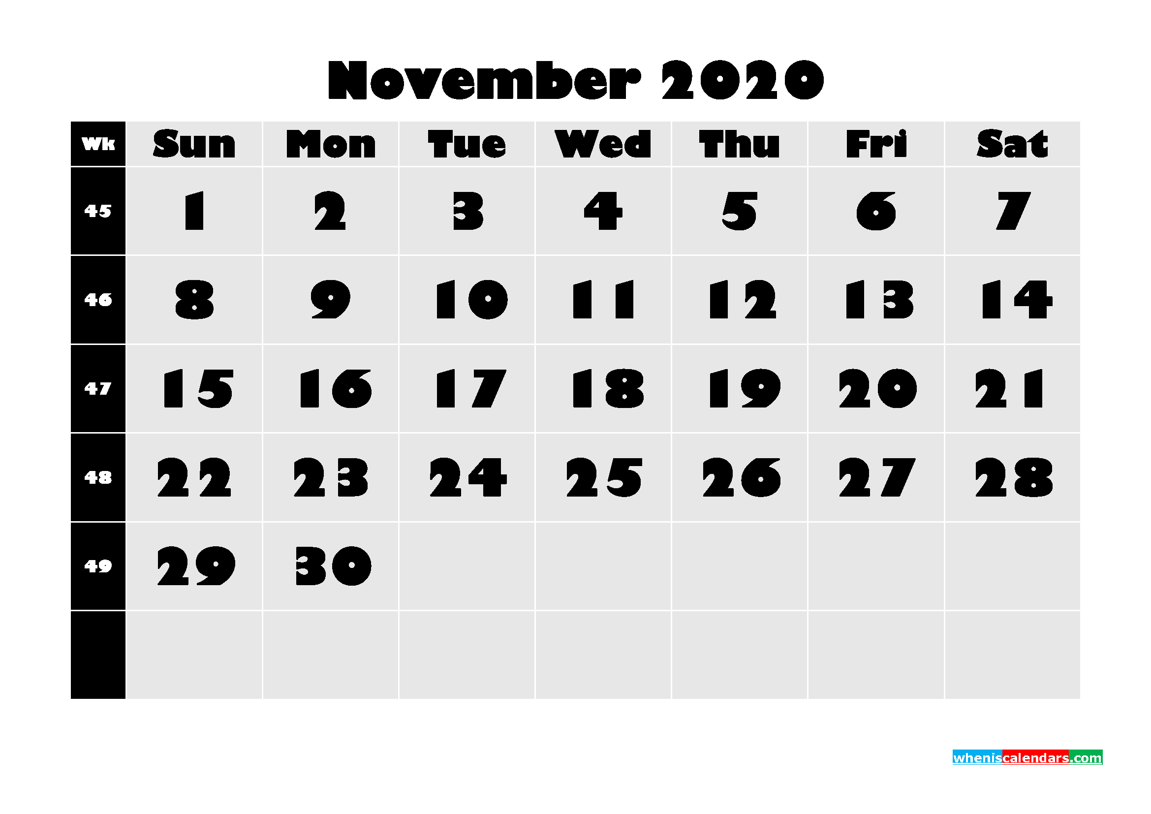 Monthly Printable Calendar 2020 November with Week Numbers