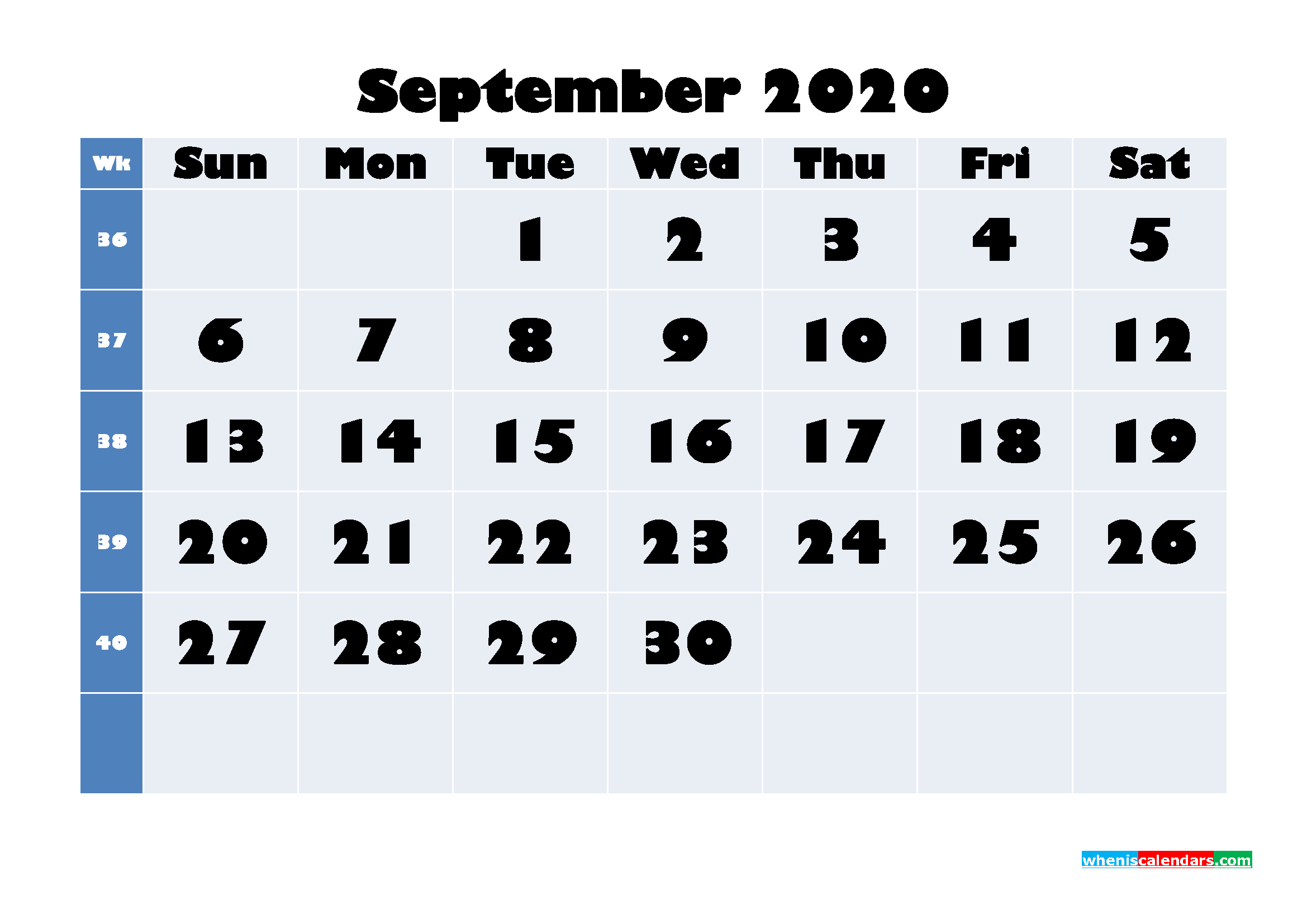 Printable 2020 Monthly Calendar with Week Numbers September