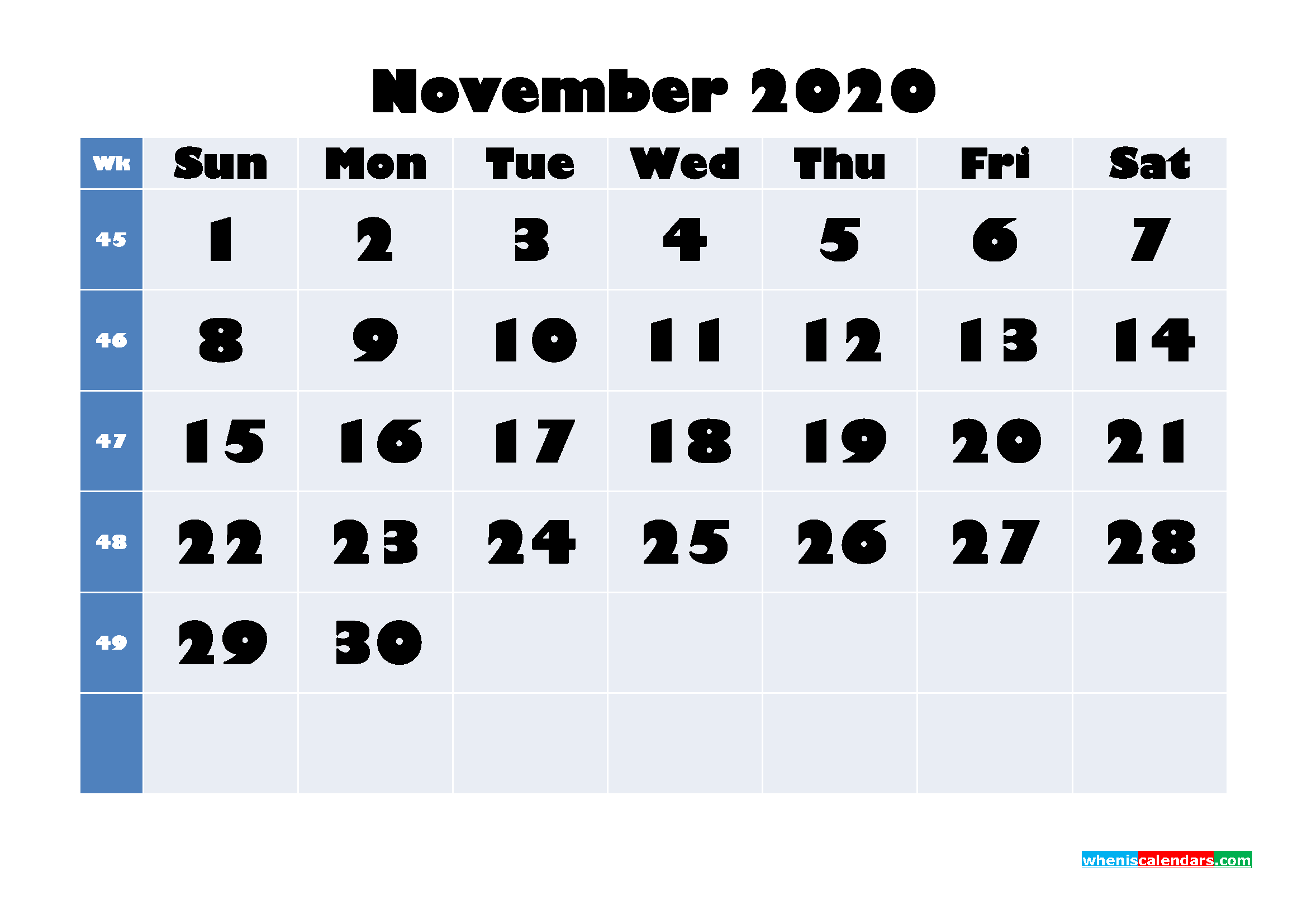 Blank 2020 November Calendar Printable Landscape Layout