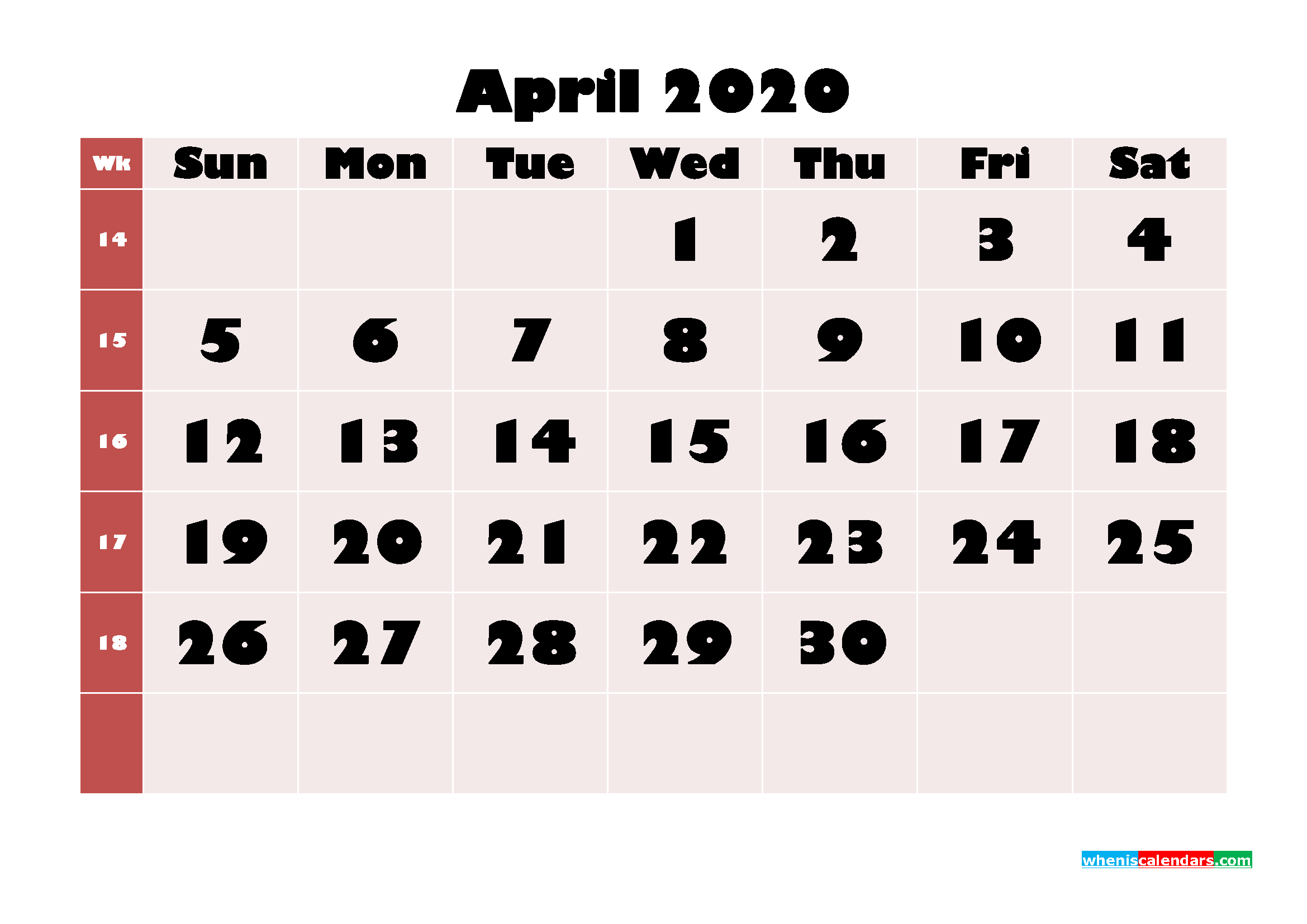 Blank Calendar 2020 April Printable Word, PDF, PNG