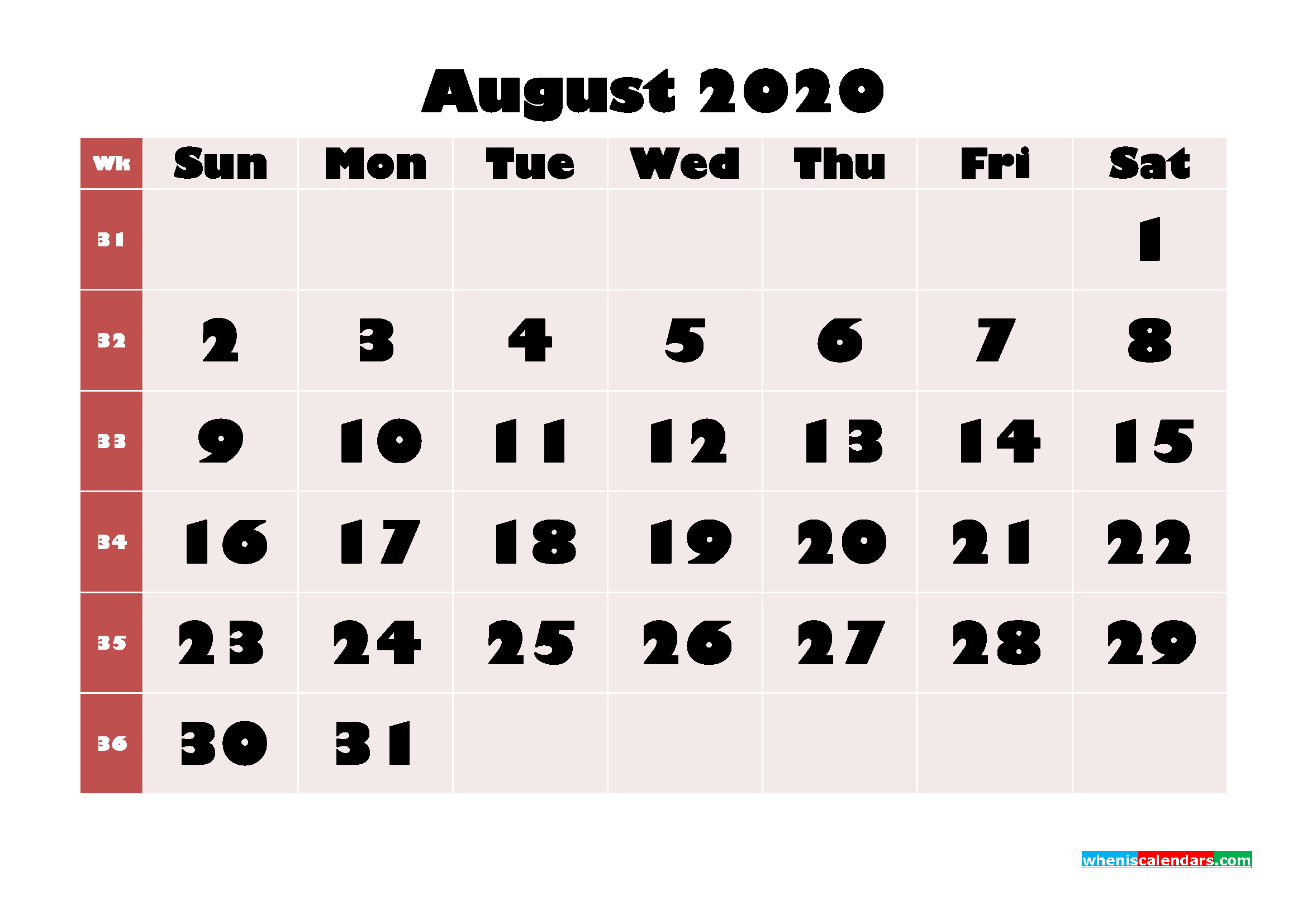Blank Calendar 2020 August Printable Word, PDF, PNG