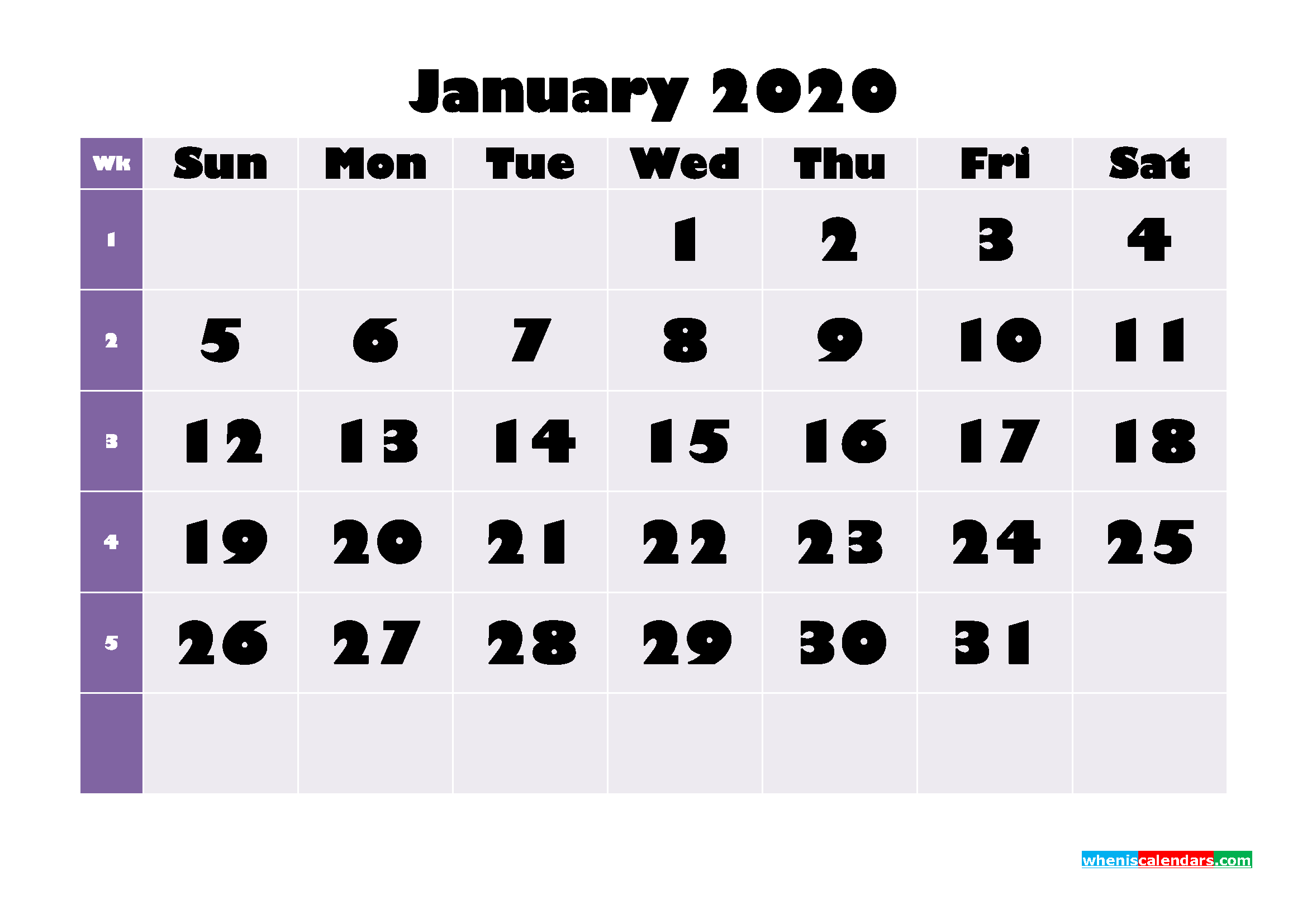 Printable Monthly Calendar 2020 January with Week Numbers