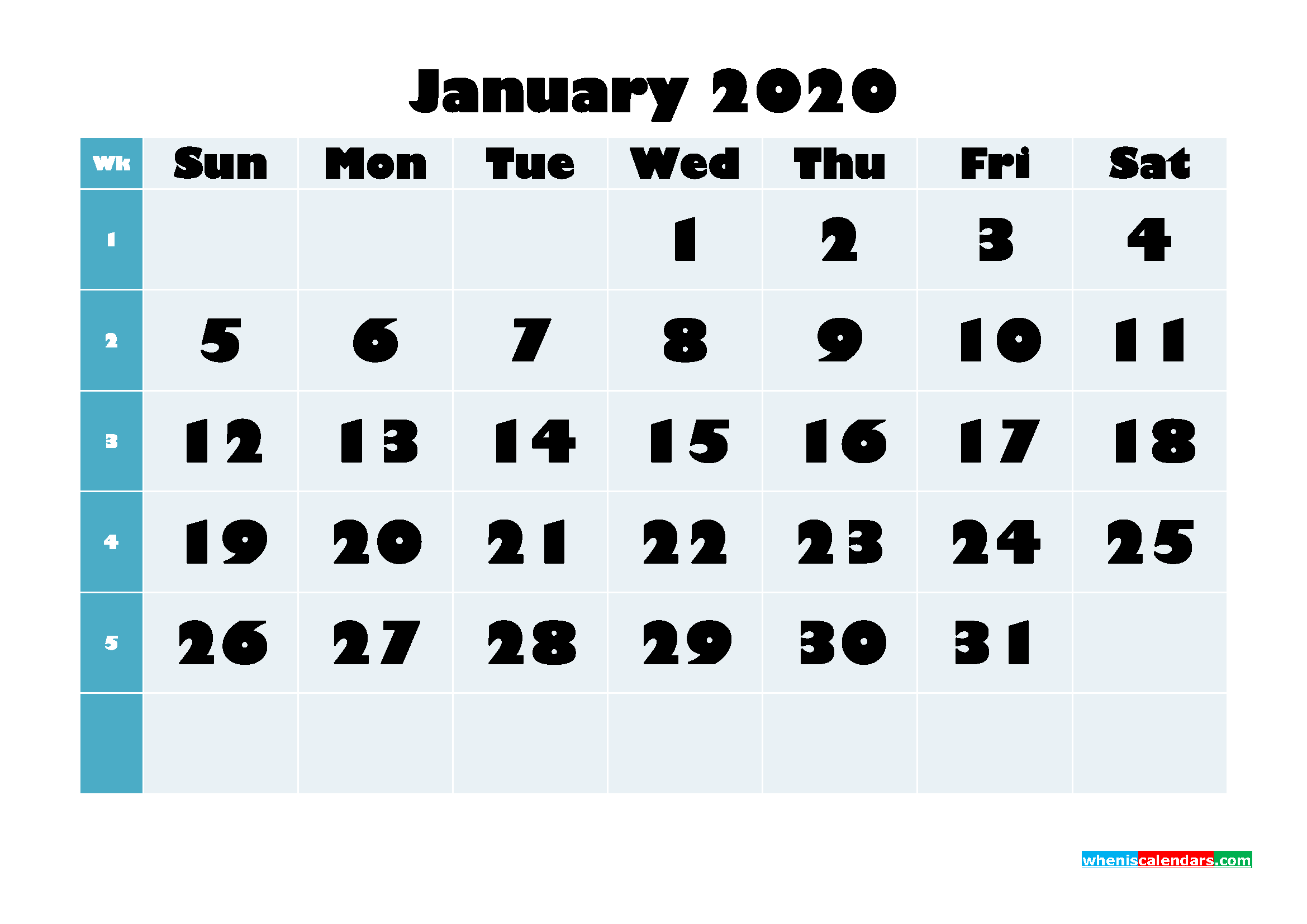 January 2020 Monthly Calendar Template Word