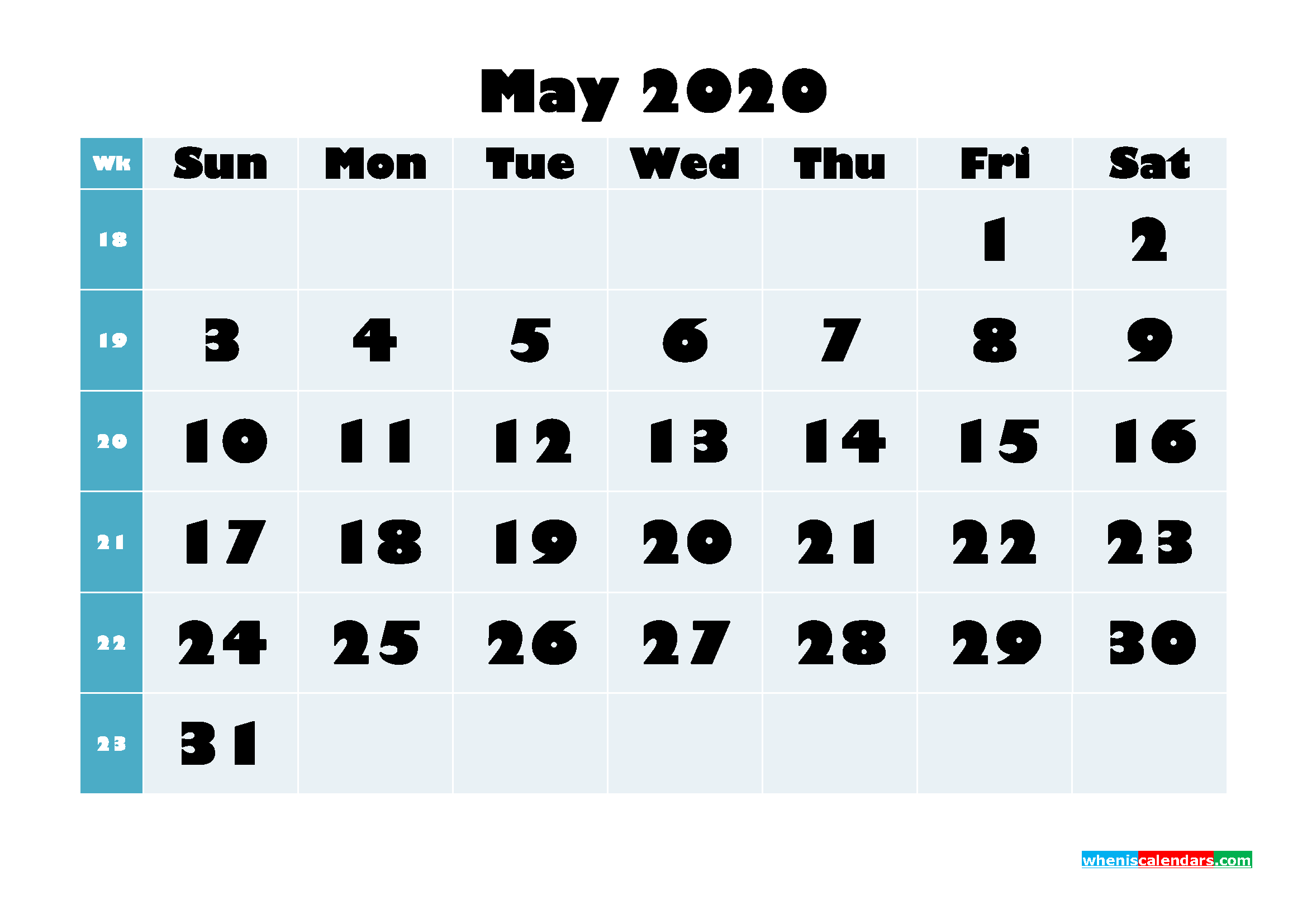 May 2020 Monthly Calendar Template Word