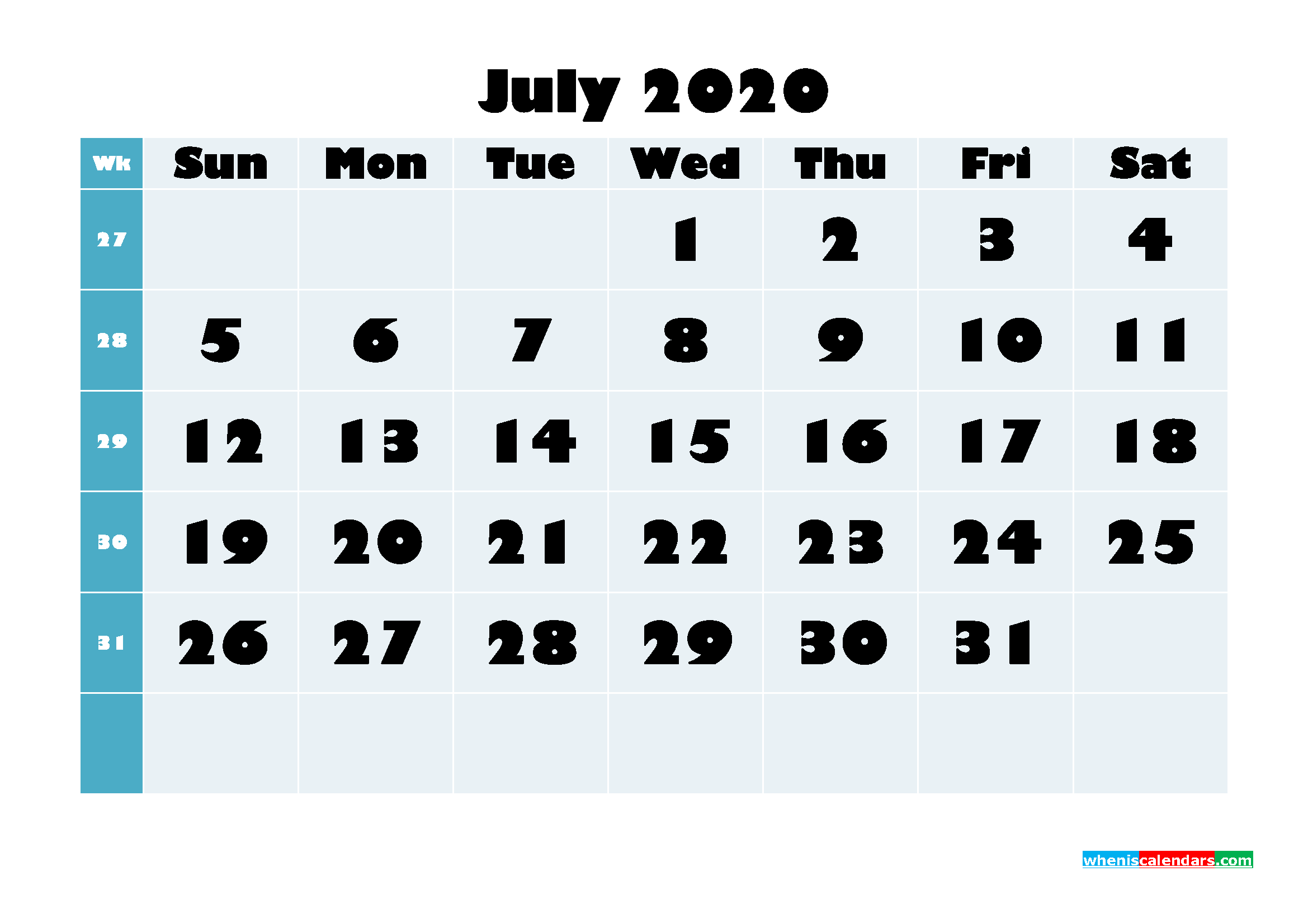 Blank Calendar July 2020 Printable Word, PDF, PNG