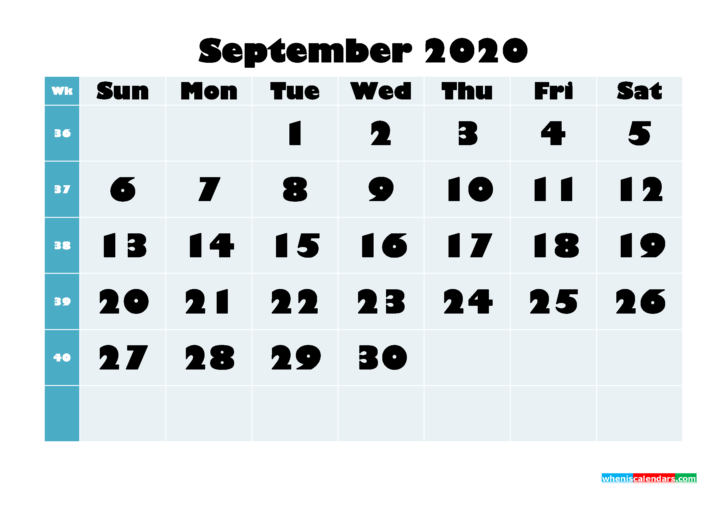 Blank Calendar September 2020 Printable Word, PDF, PNG