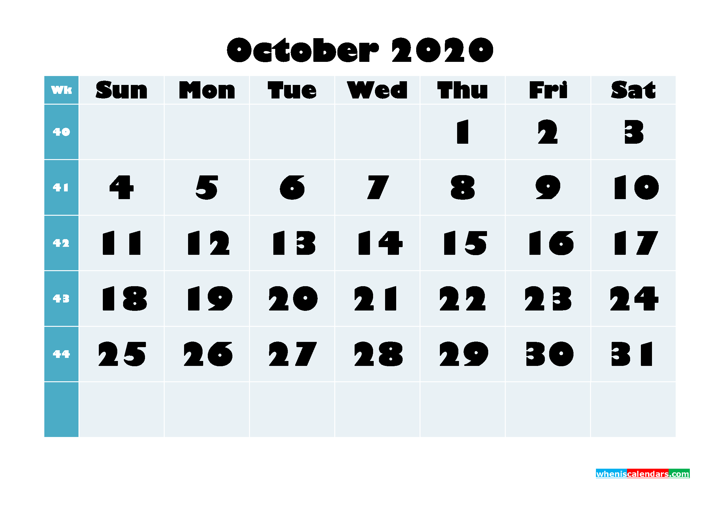 Blank Calendar October 2020 Printable Word, PDF, PNG