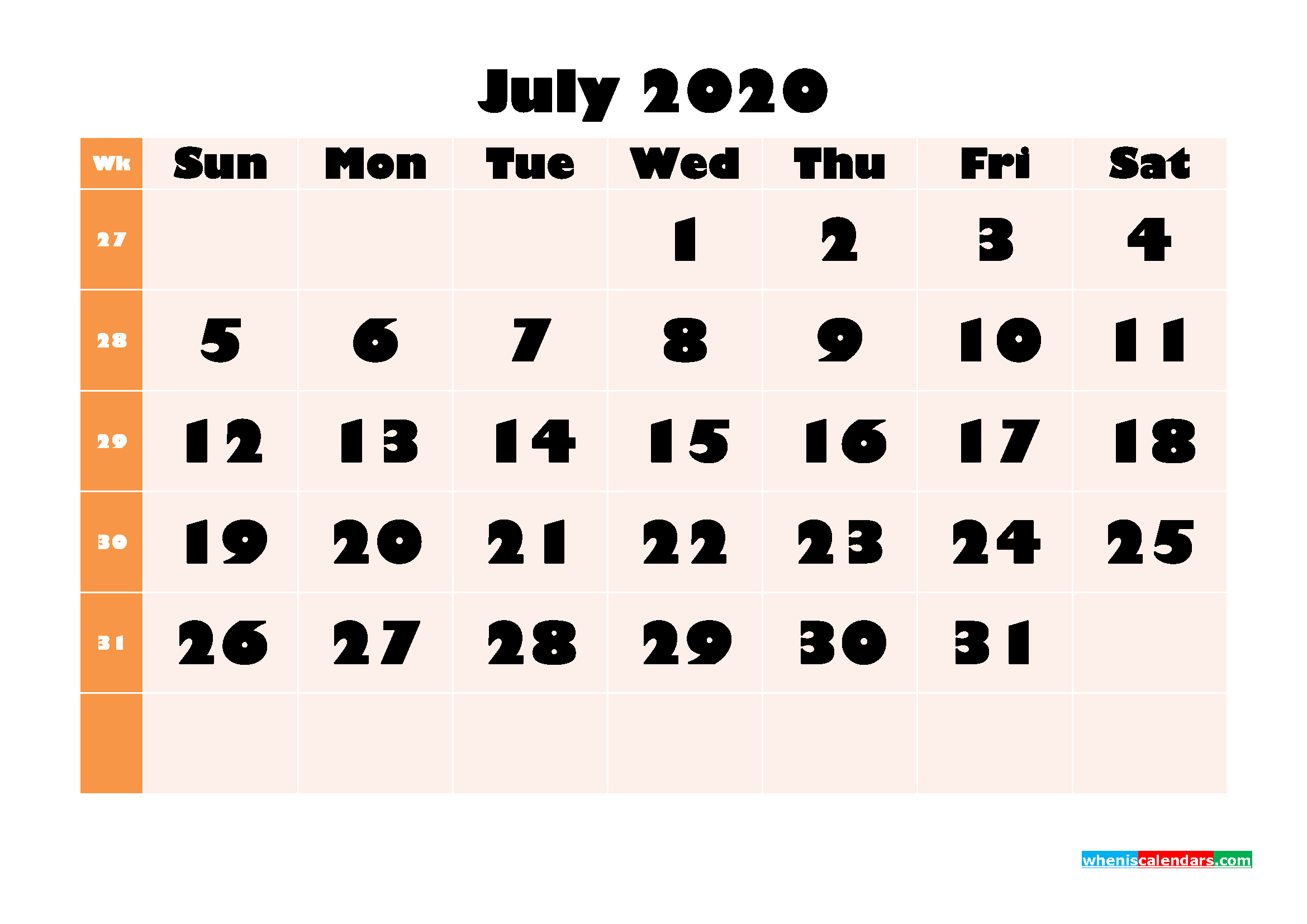 July 2020 Blank Calendar Printable Landscape Layout