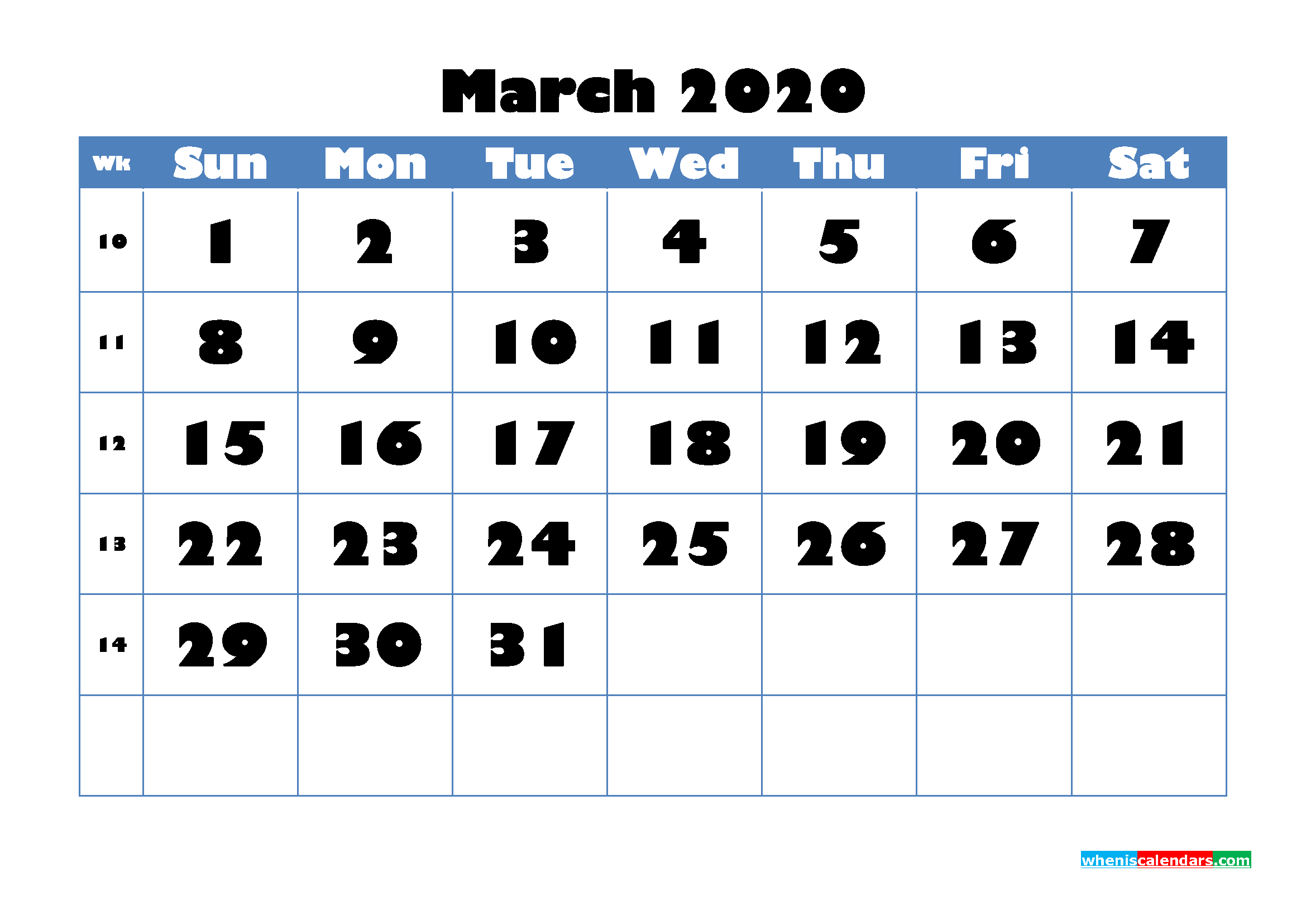 Blank Calendar for March 2020 Printable Word Format