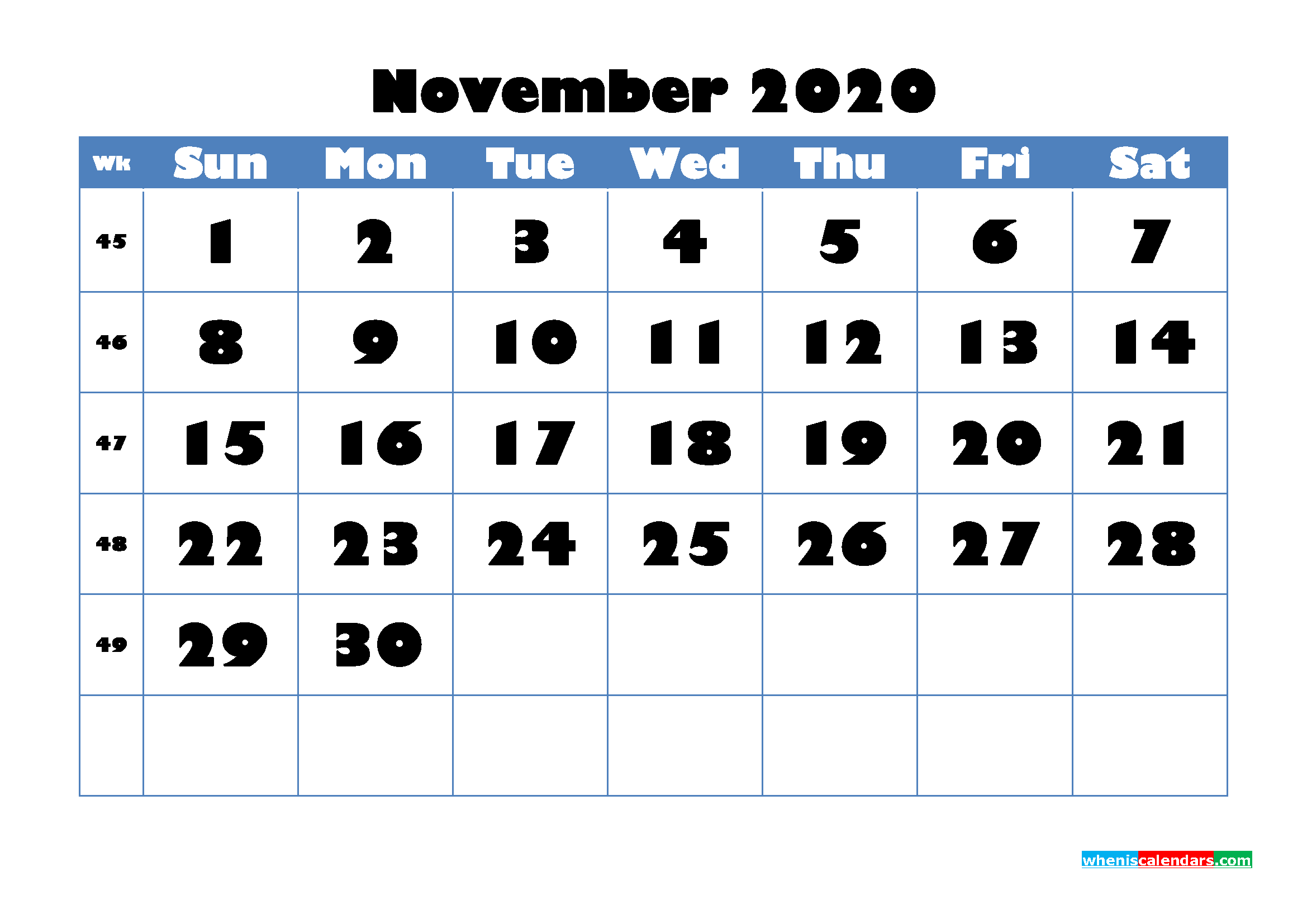 Blank Calendar for November 2020 Printable Word Format