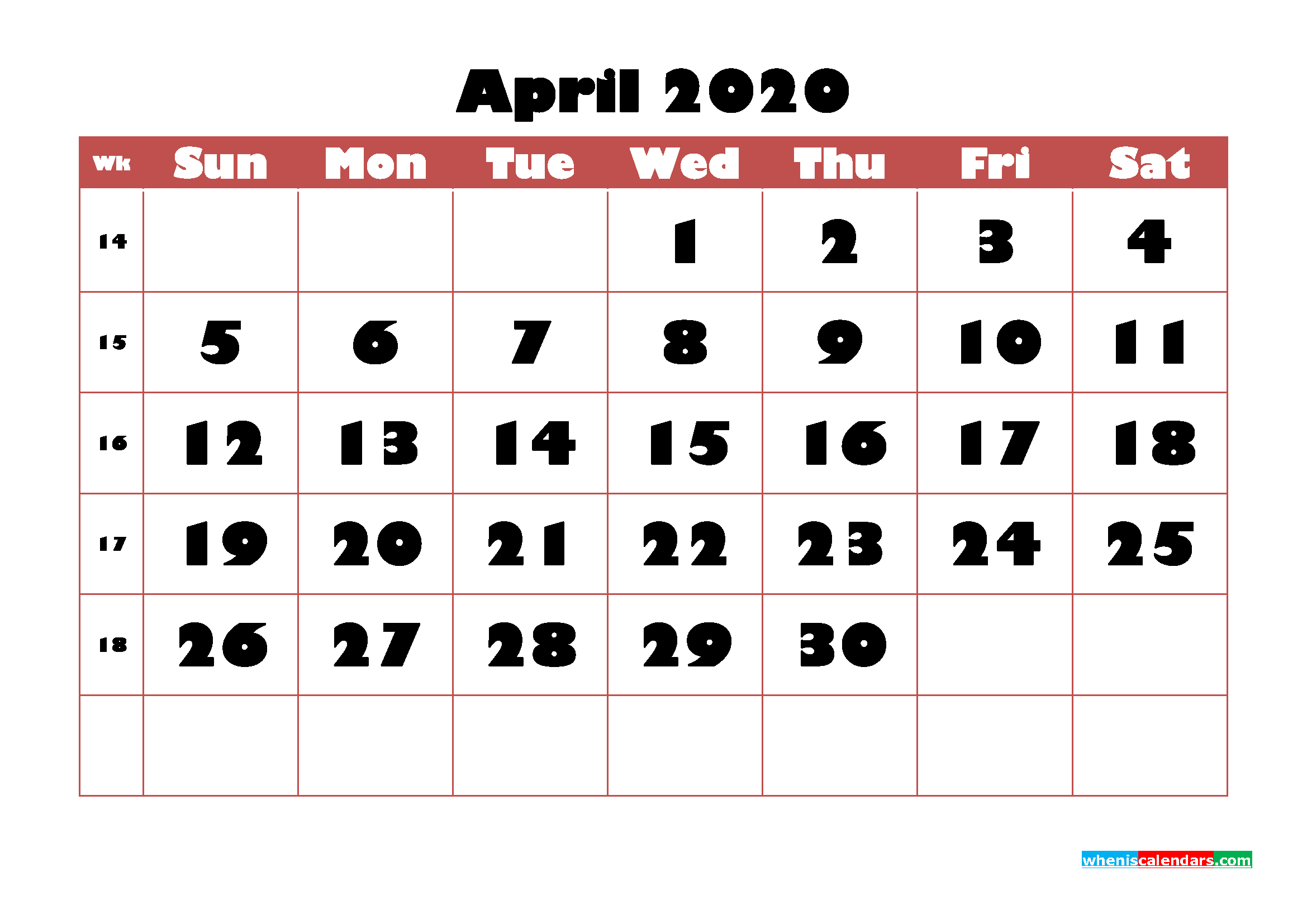 April Blank Calendar 2020 Printable Word, PDF, PNG