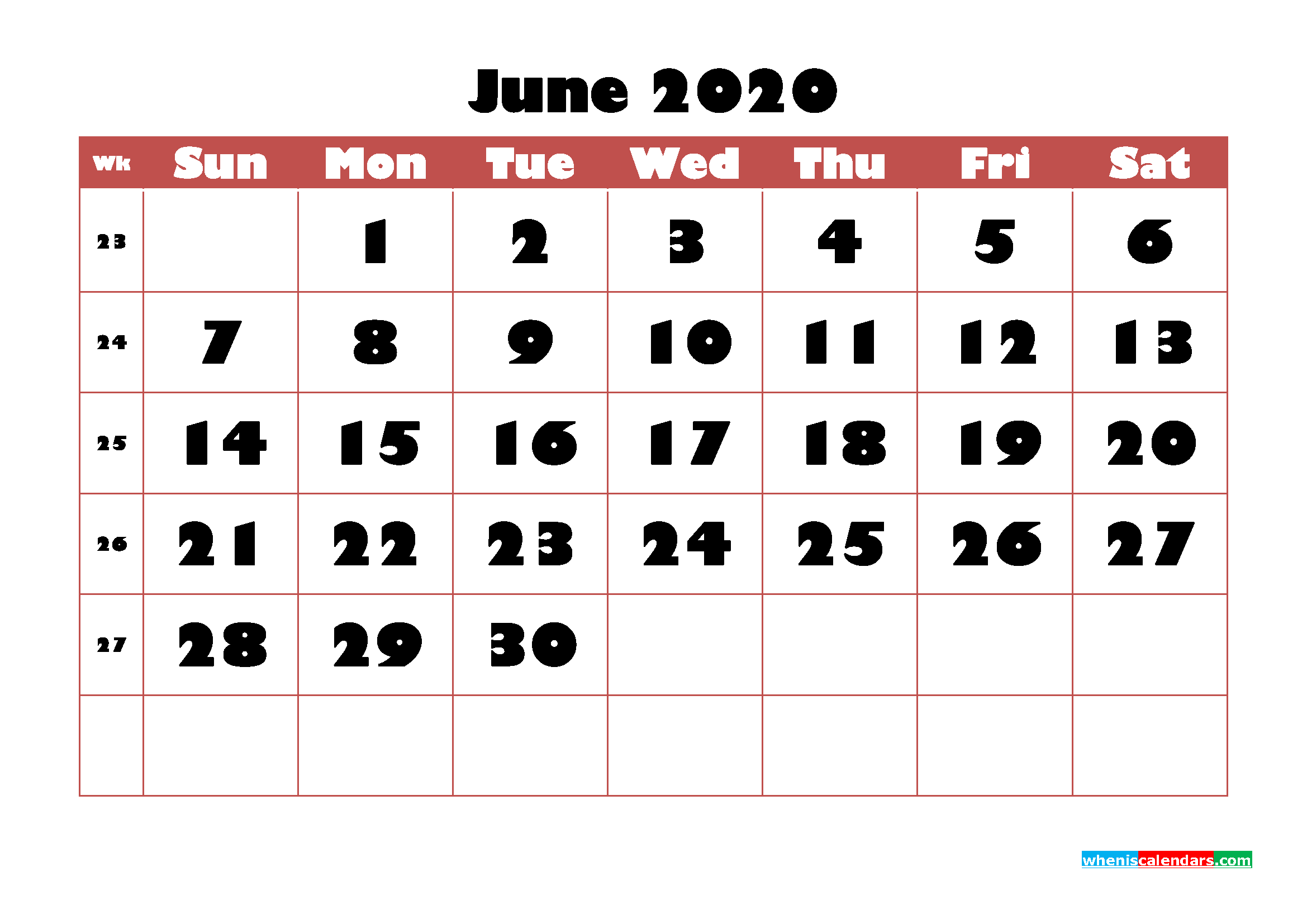 Printable 2020 Monthly Calendar with Week Numbers June