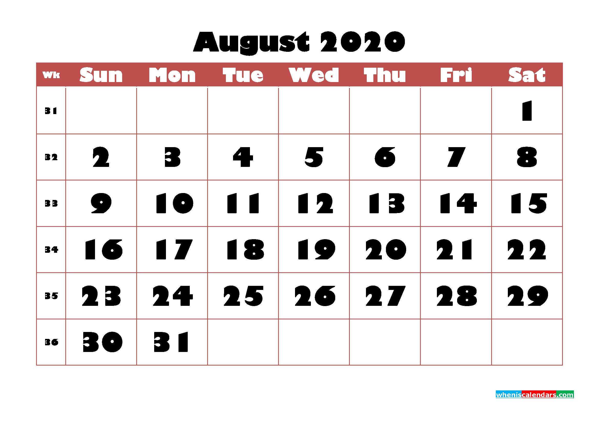 Printable 2020 Monthly Calendar with Week Numbers August