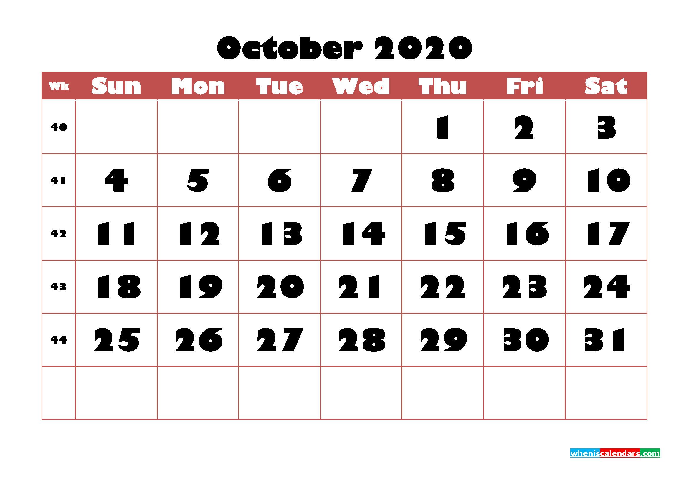 October Blank Calendar 2020 Printable Word, PDF, PNG