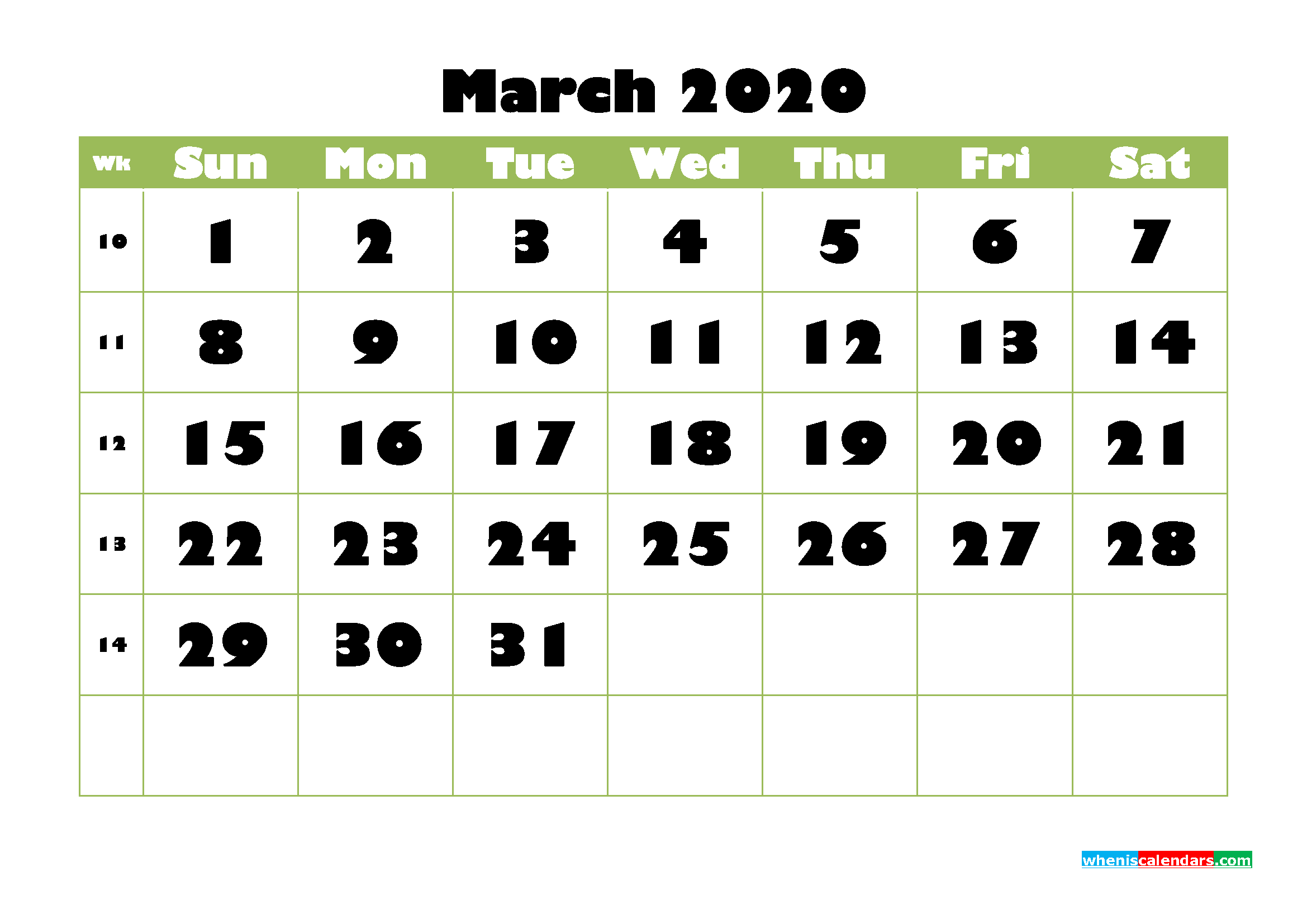 March Printable Calendar 2020 PDF, Word - No.m20b735