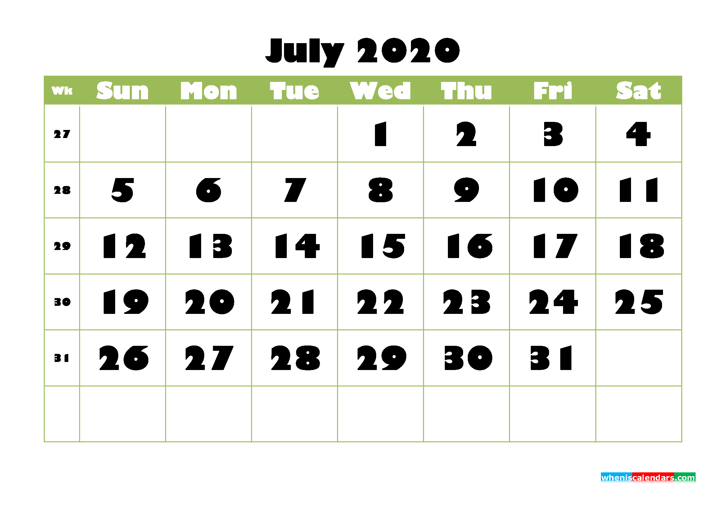 Blank 2020 July Calendar Printable Landscape Layout