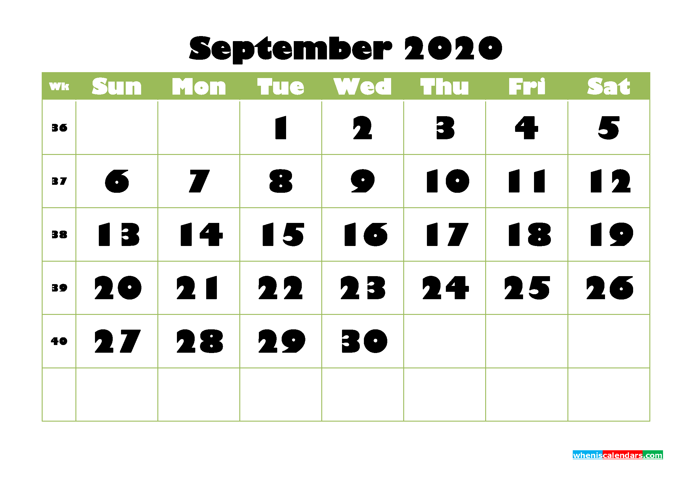 Blank 2020 September Calendar Printable Landscape Layout