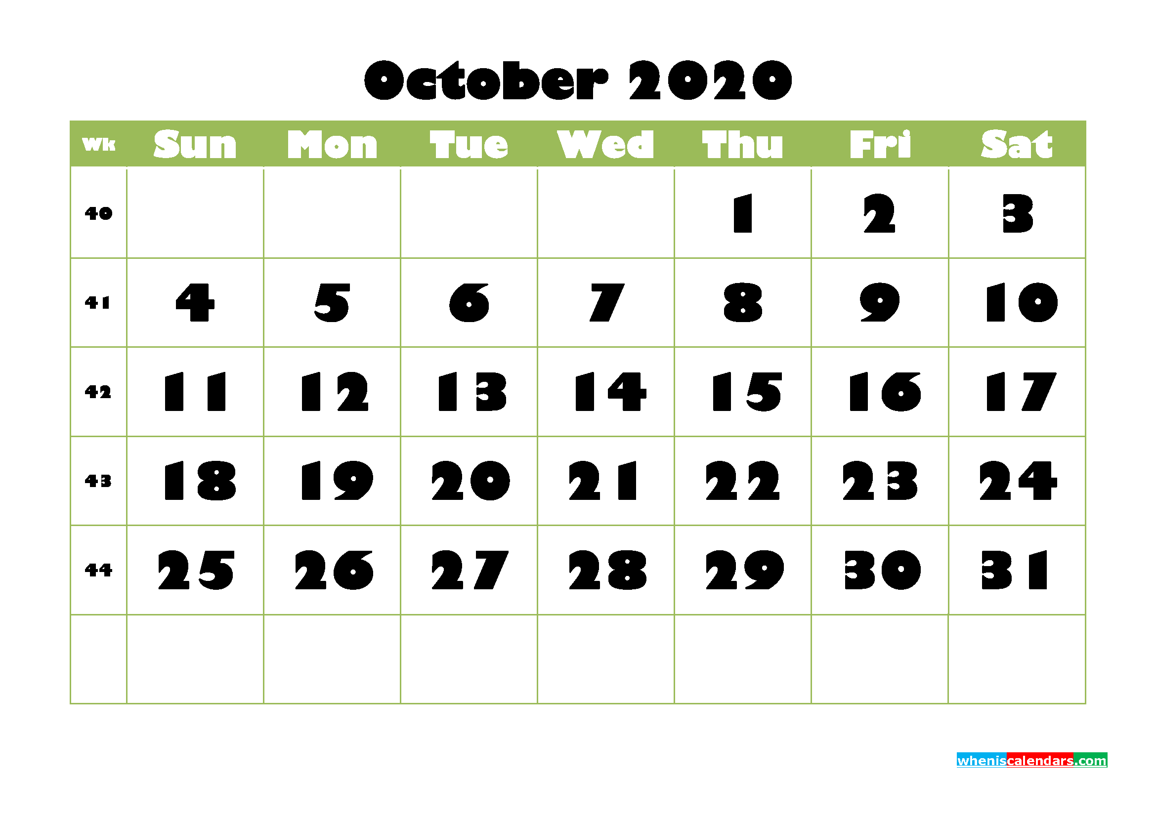 Blank 2020 October Calendar Printable Landscape Layout