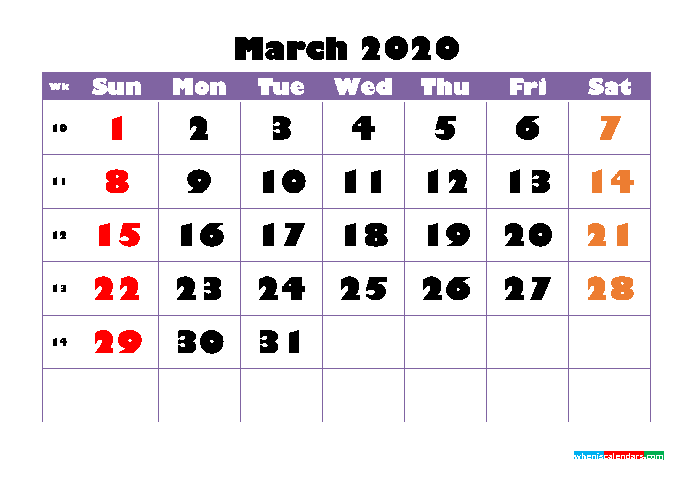 Free Printable March 2020 Calendar - No.m20b747