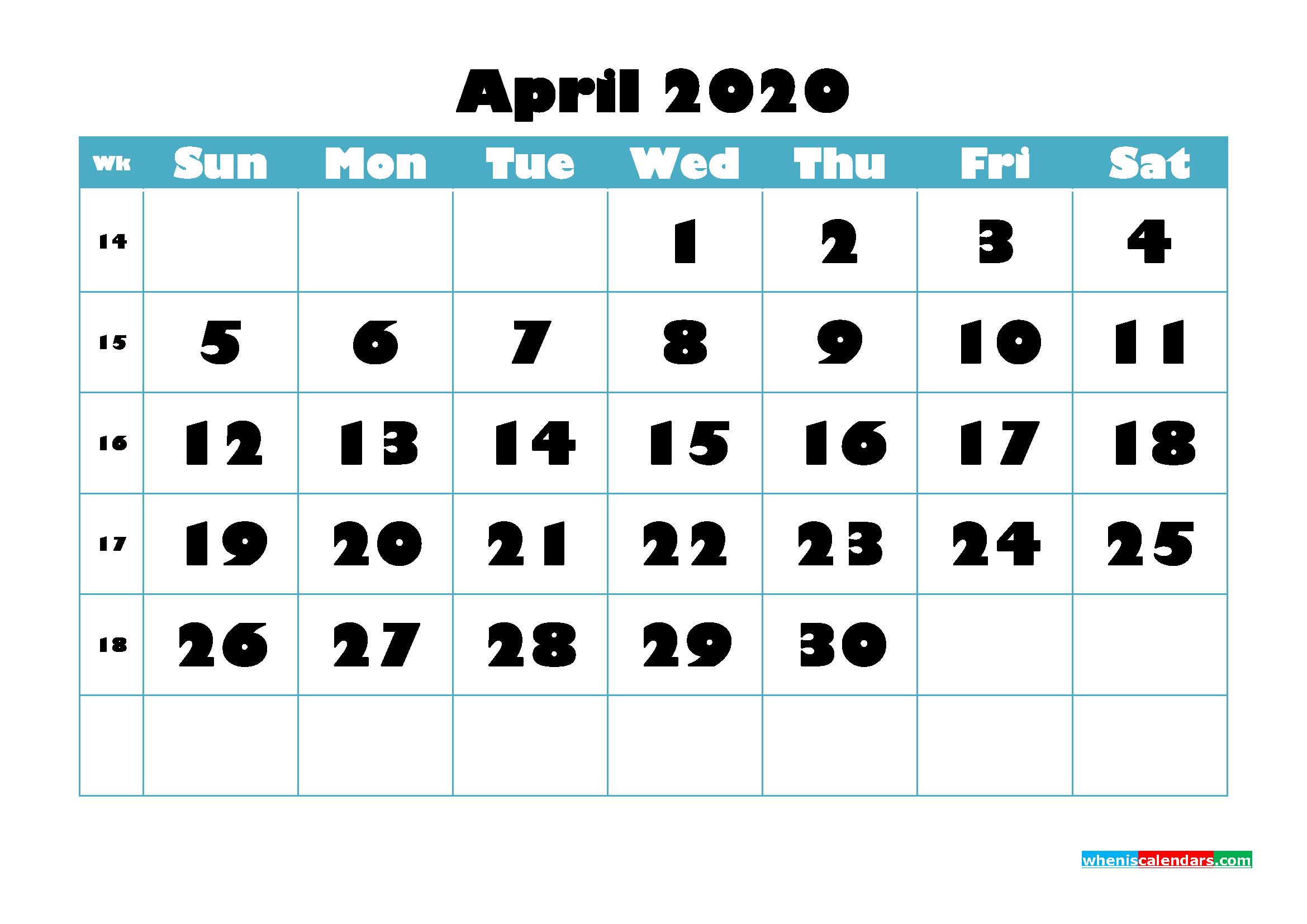 Blank April Calendar 2020 Printable Landscape Layout