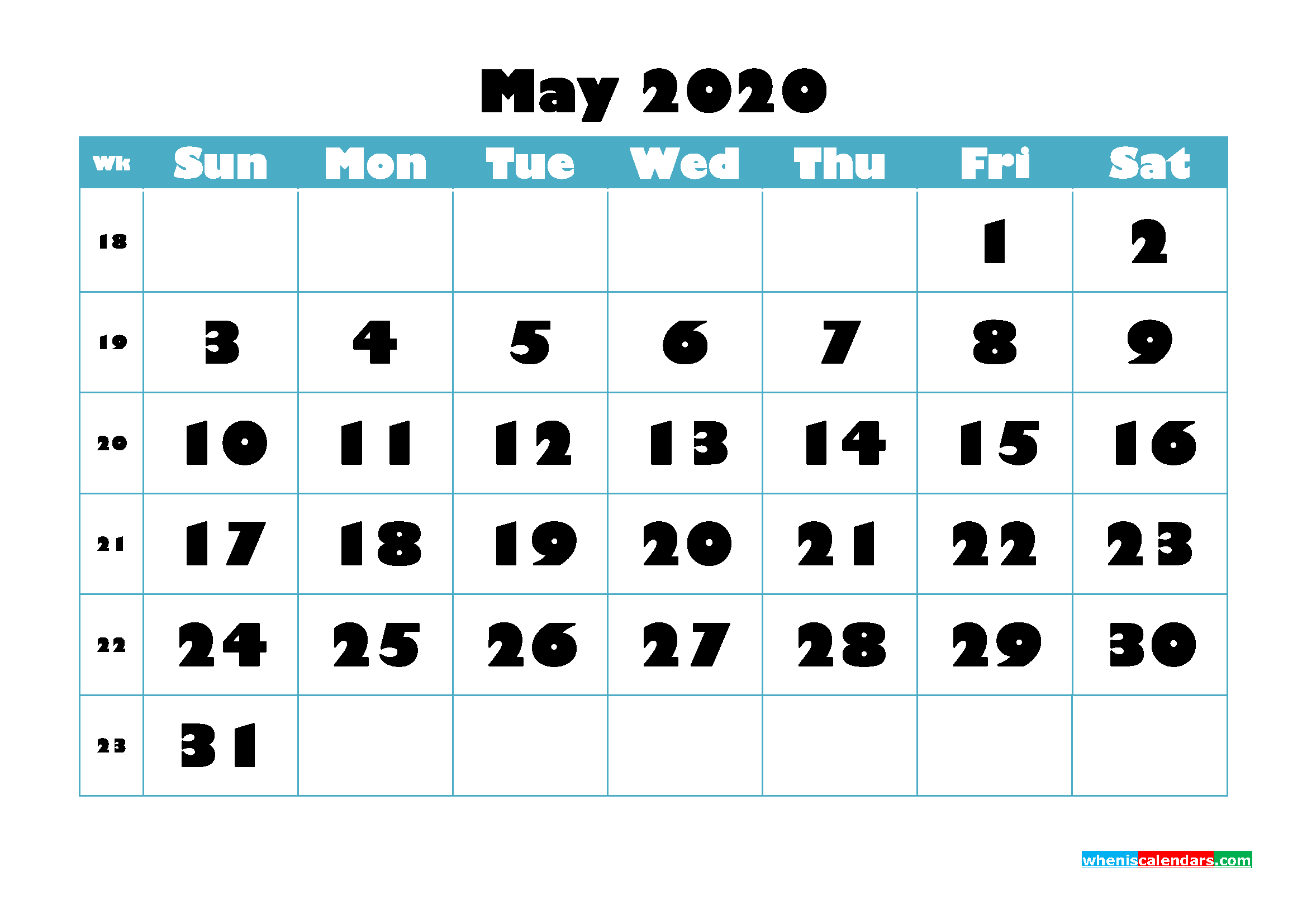 Free Blank Calendar May 2020 Printable - No.m20b761