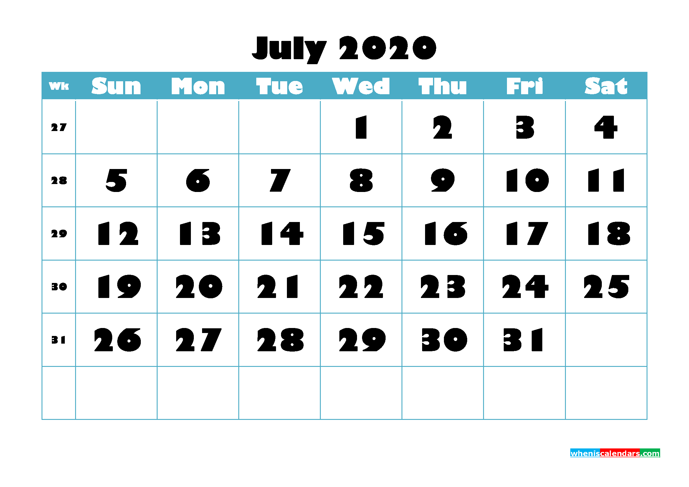 Free Blank Calendar July 2020 Printable - No.m20b763