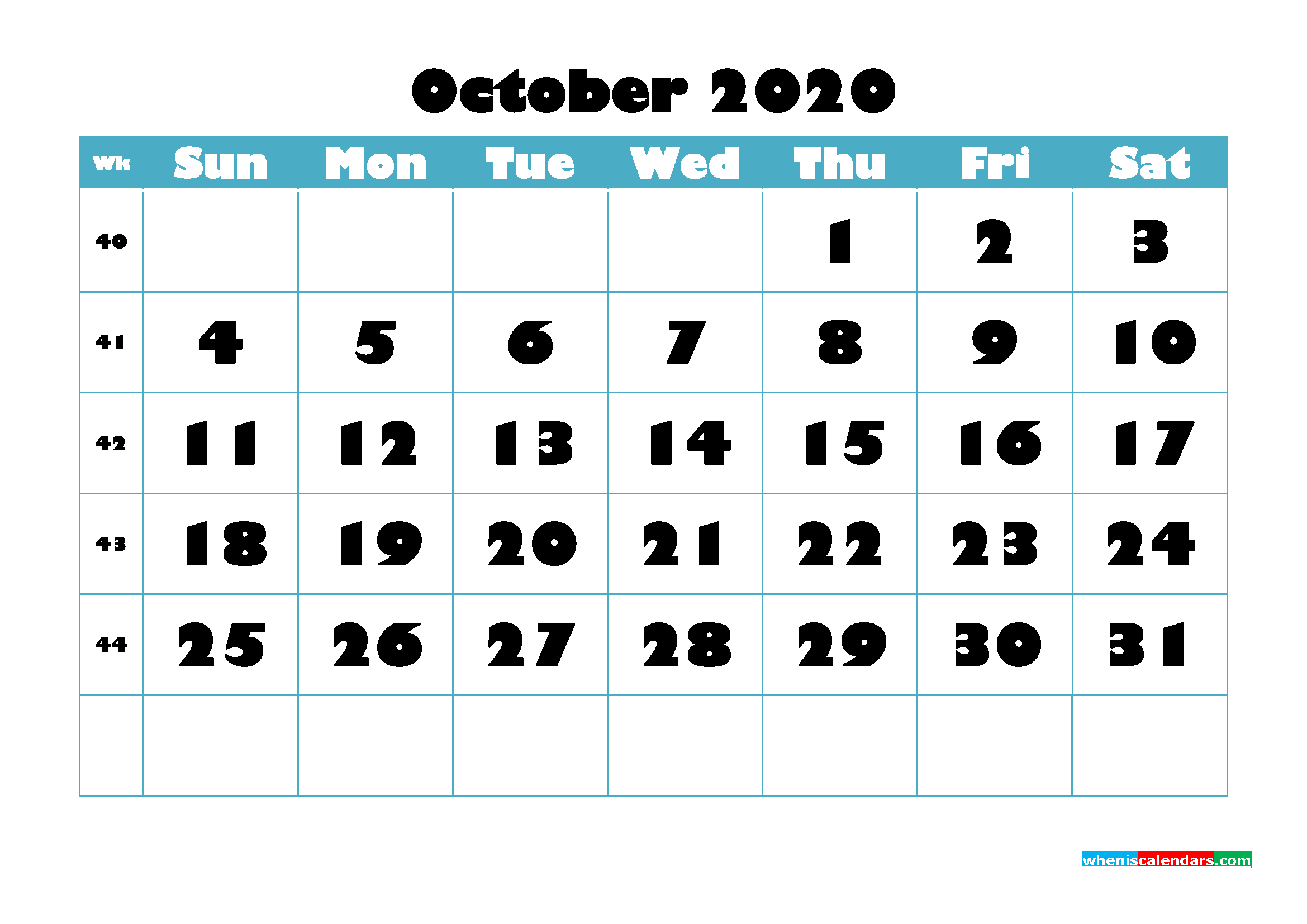 Blank October Calendar 2020 Printable Landscape Layout