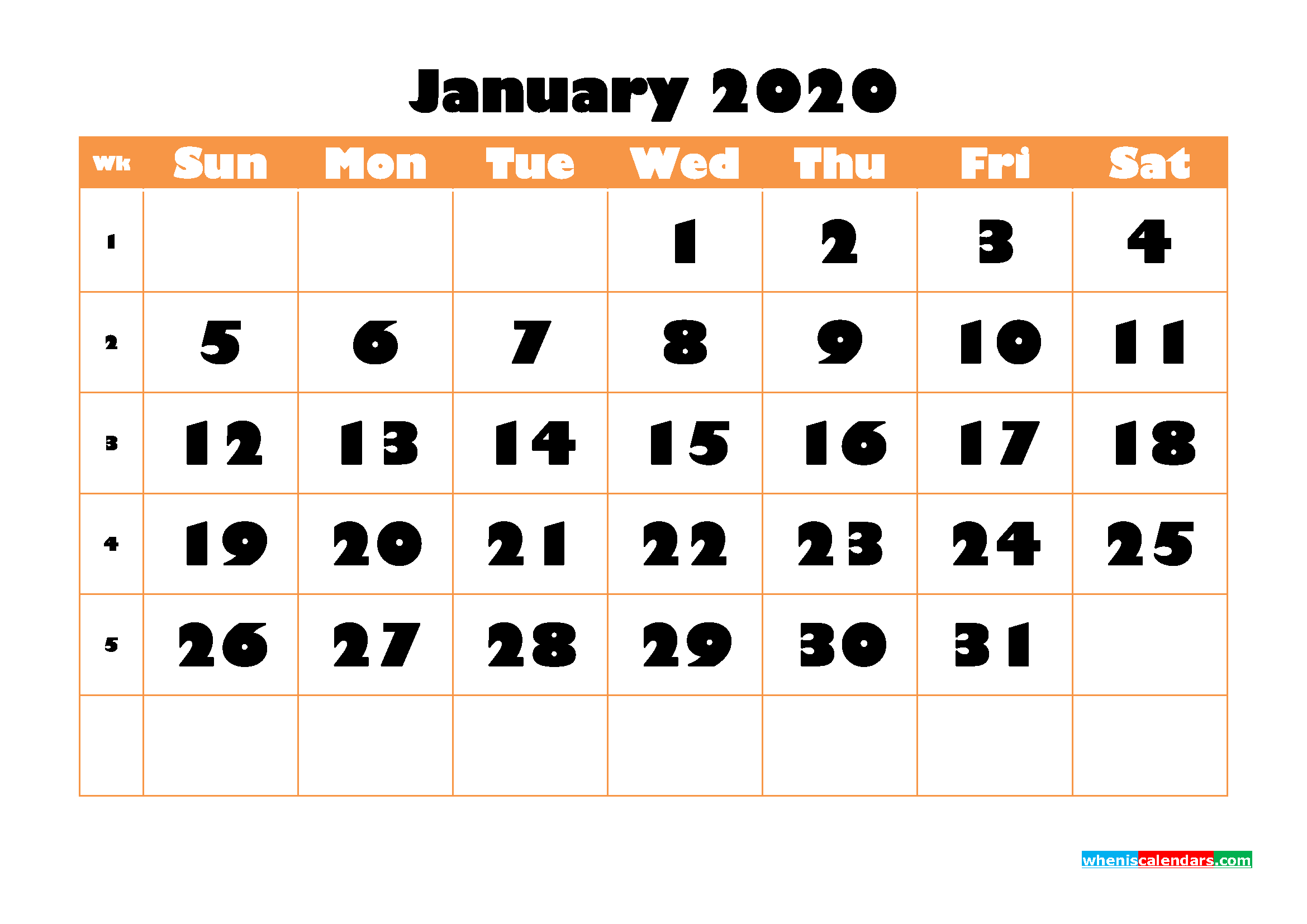 Blank January 2020 Calendar Printable Landscape Layout